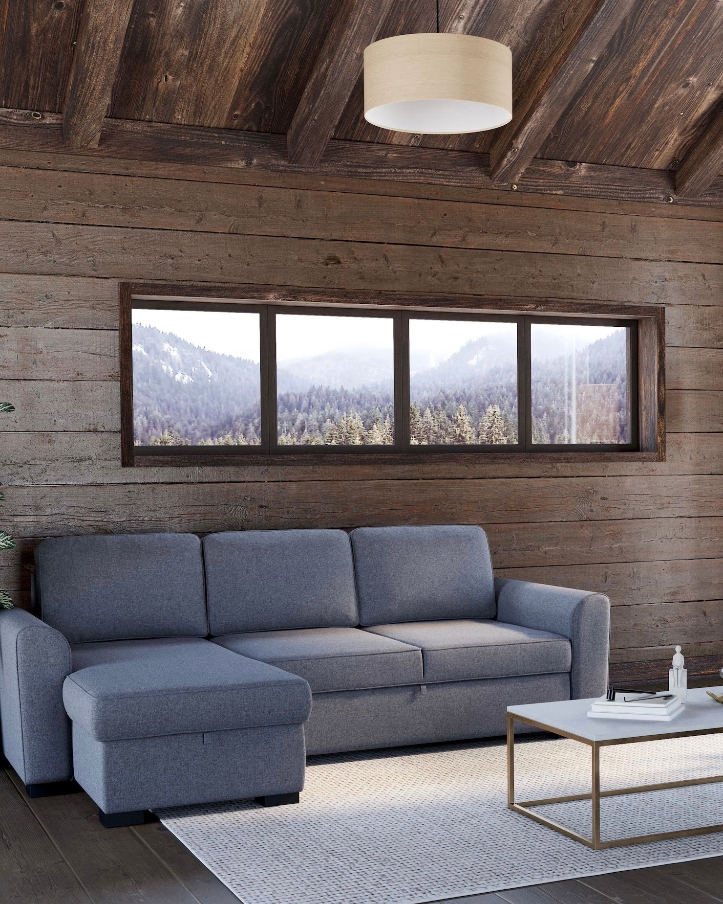 aménagement salon carré chalet moderne canapé coffre
