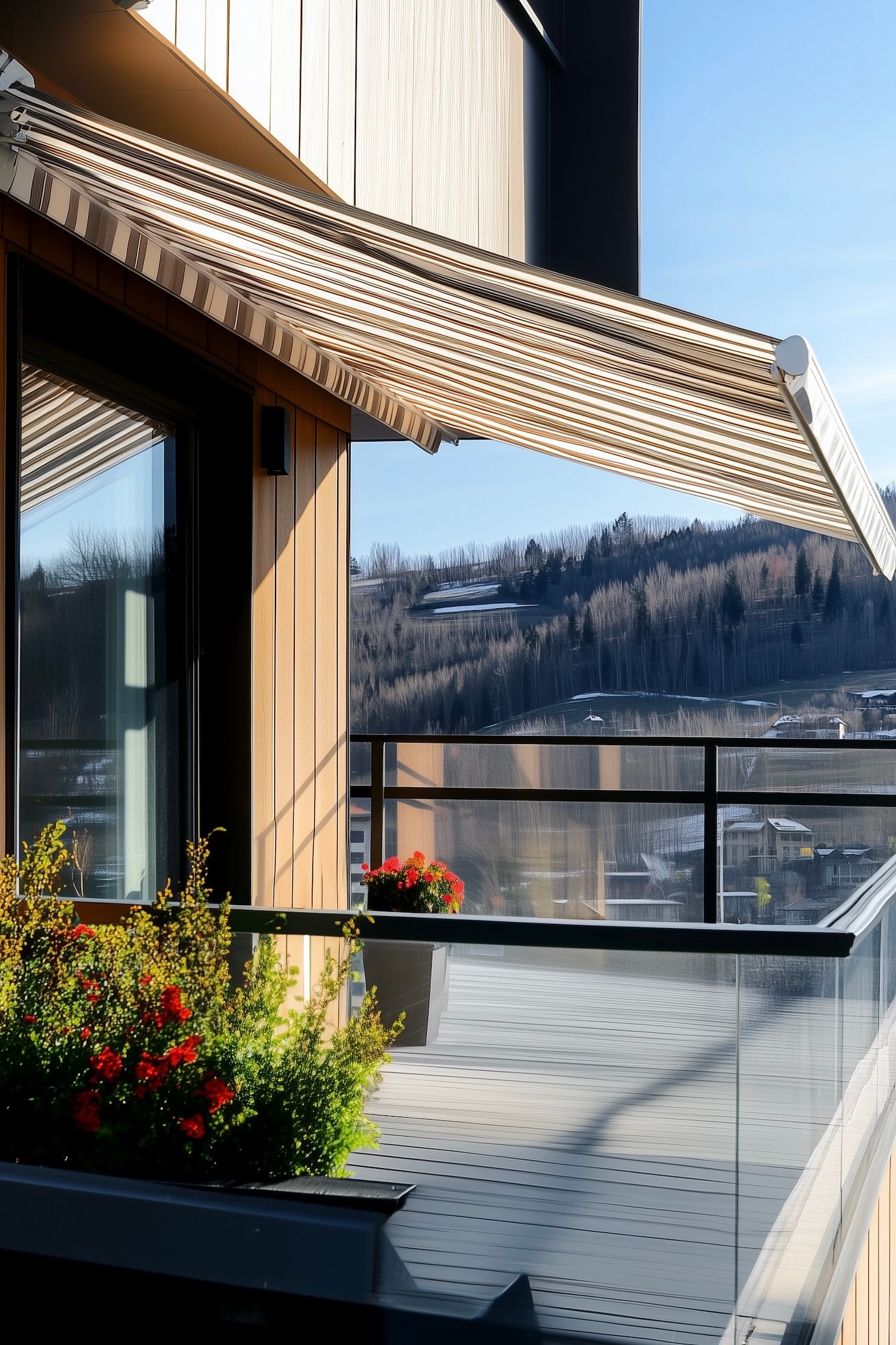 balcon store banne tissu rayé beige