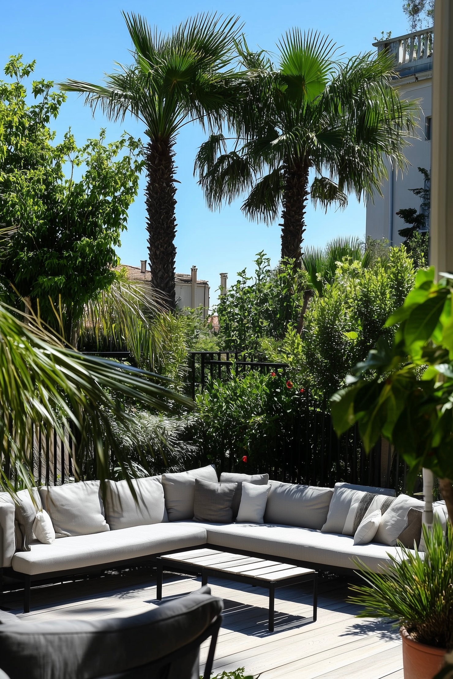 canapé angle gris terrasse palmier Nice