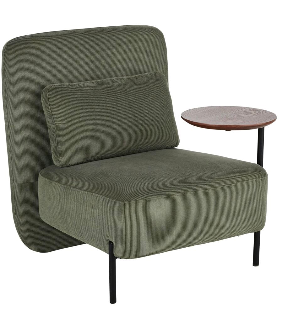 fauteuil velours cotelé vert olive tablette bois