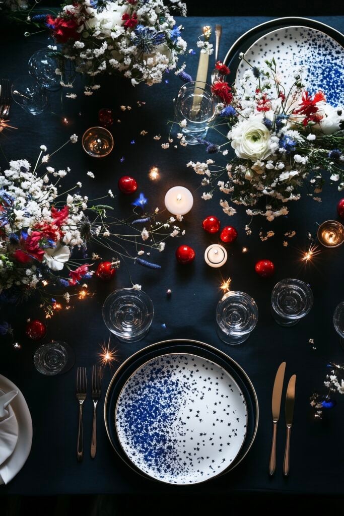 idée décoration buffet festif thème couleur bleu rouge