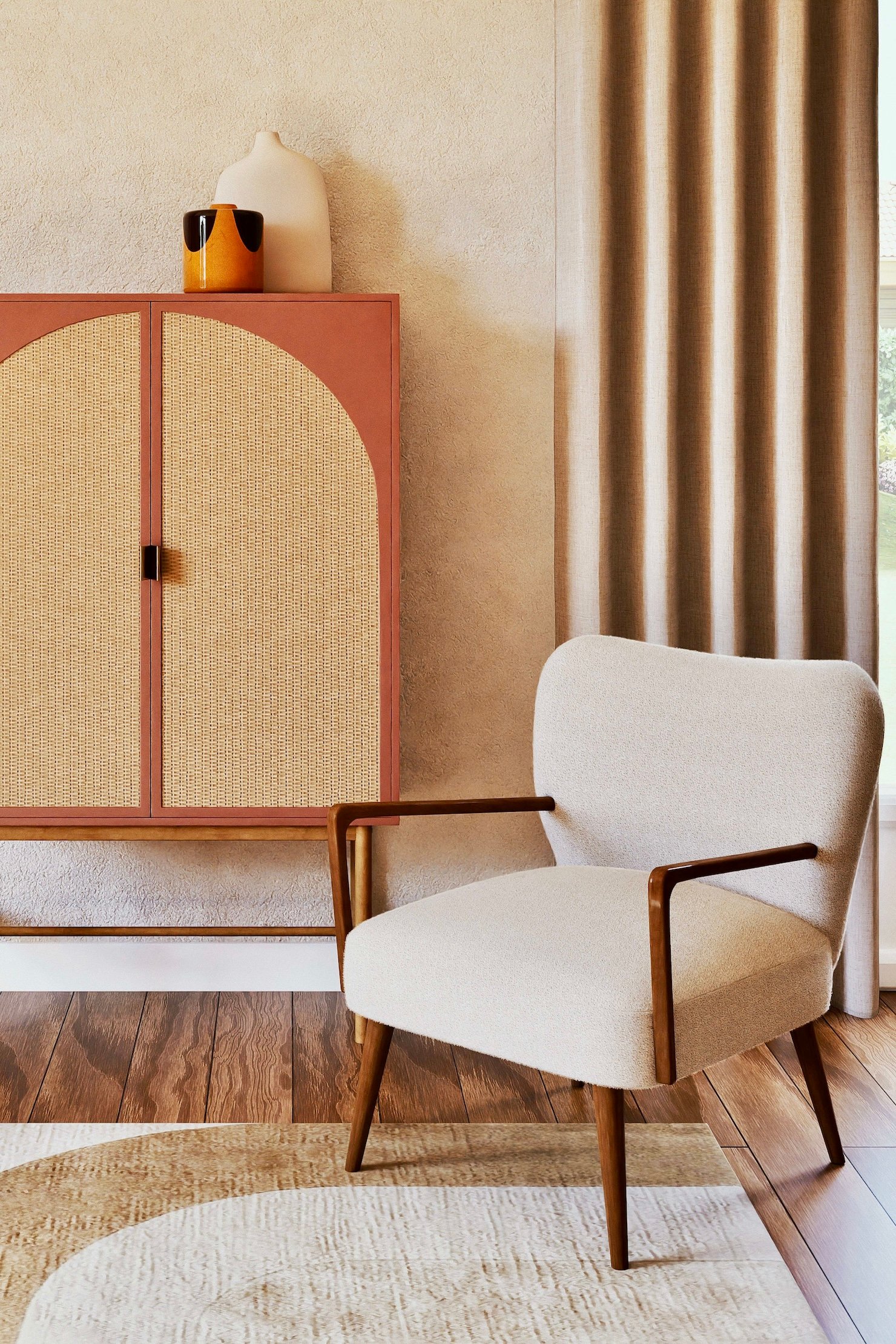 salon beige orange bois cannage buffet rétro