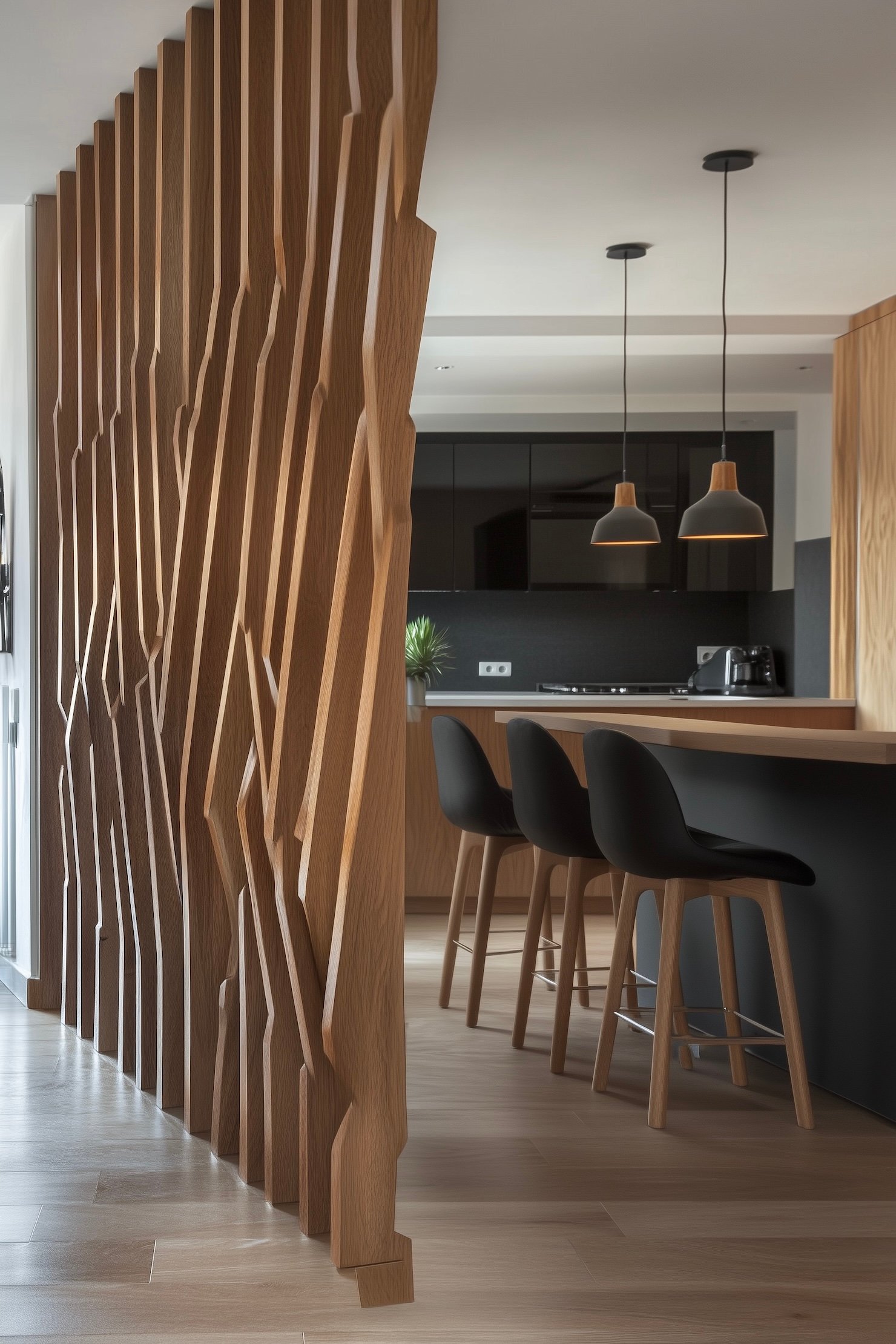 cloison amovible bois ajourée graphique cuisine bois grise