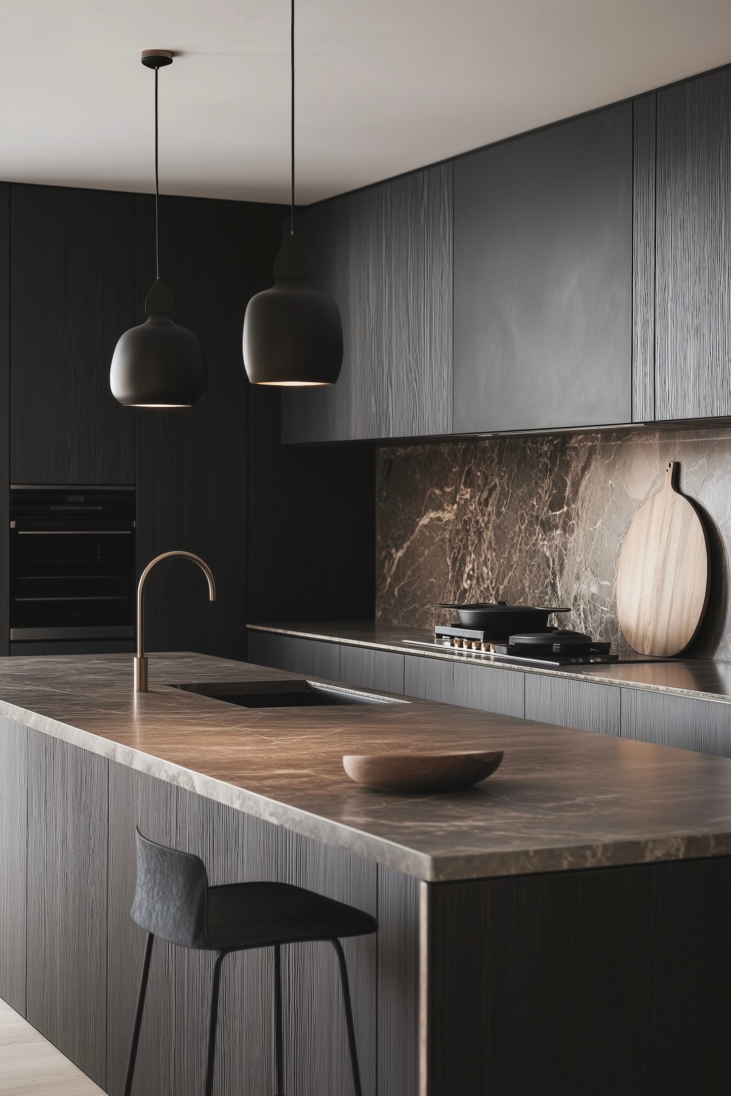 cuisine bois peint noir mur graphique