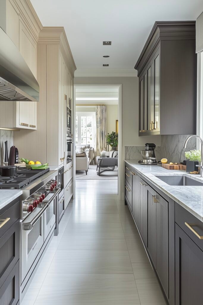 cuisine couloir grise blanc crème poignée dorée