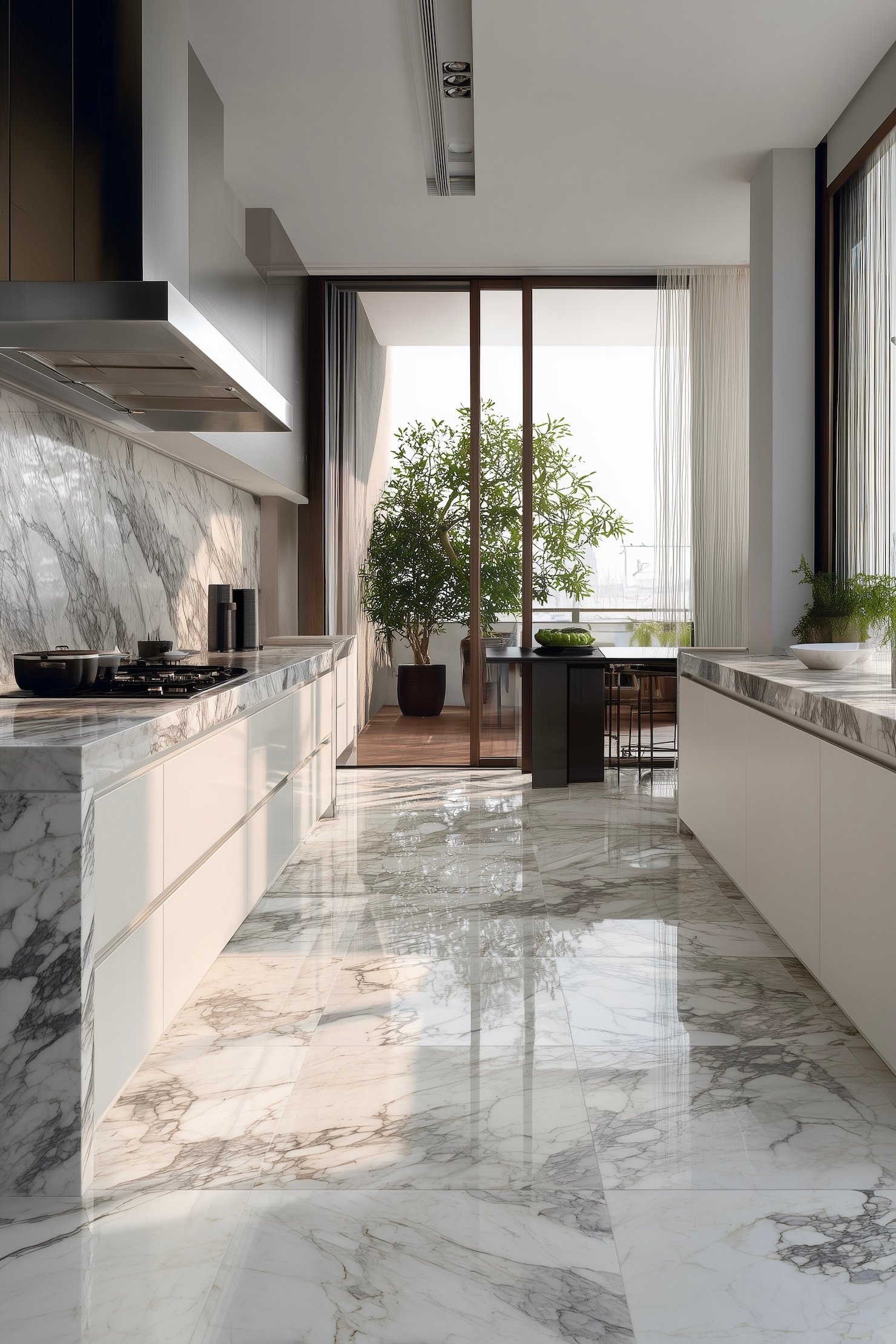 cuisine moderne lumineuse marbre blanc gris plante terrasse