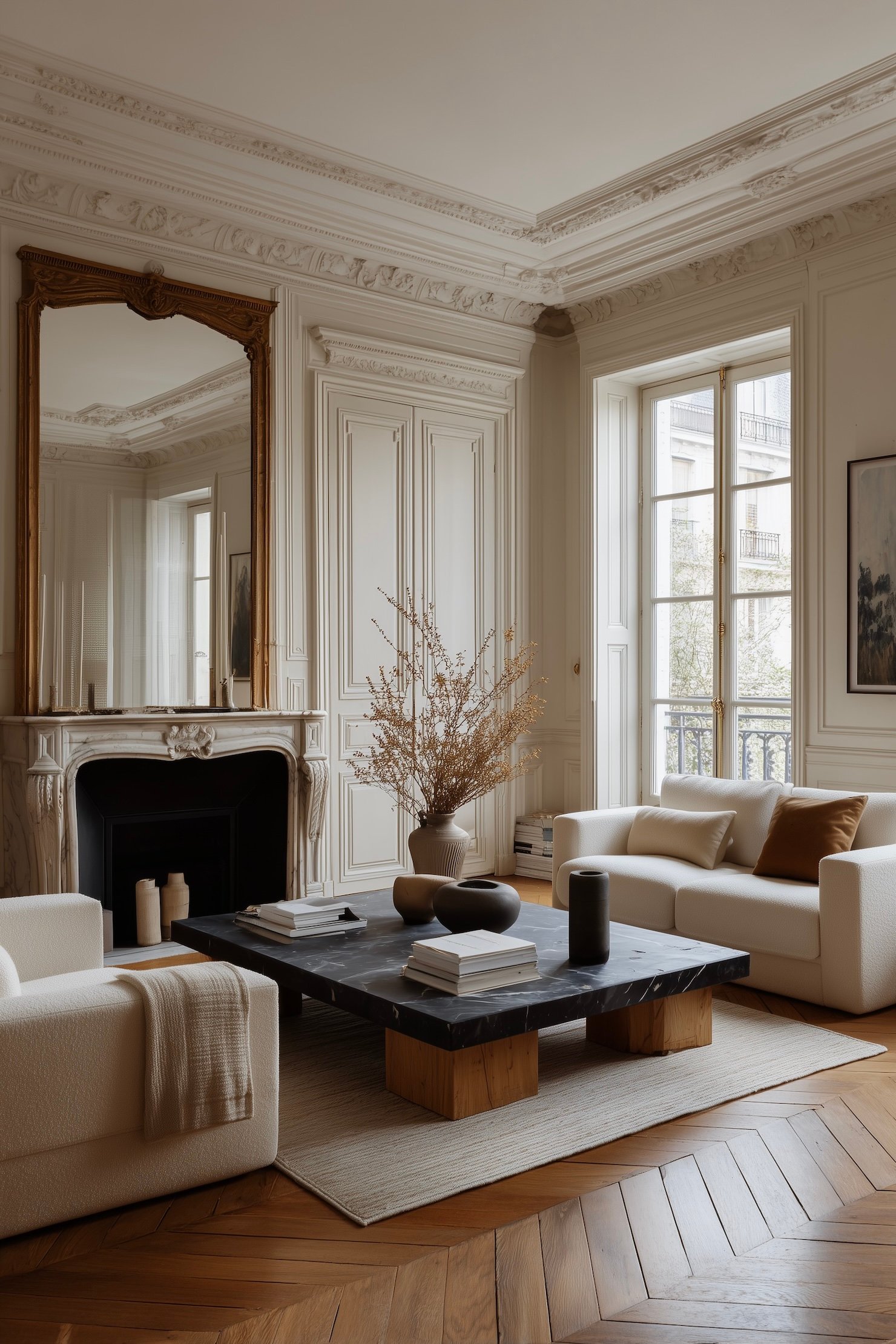 rénovation appartement haussmannien salon bois marbre chevron beige