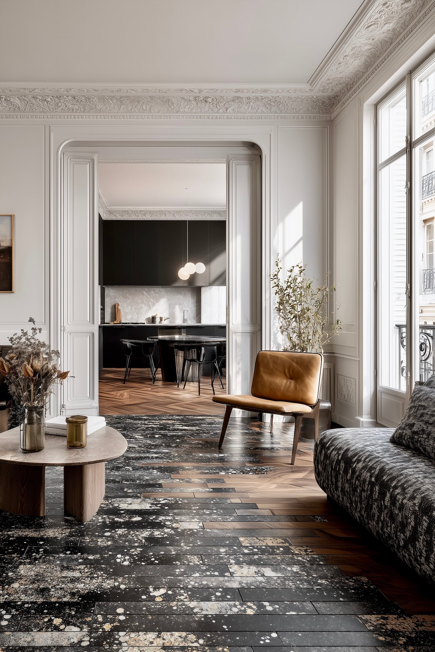 salon parisien haussmannien sol mélange parquet marbre