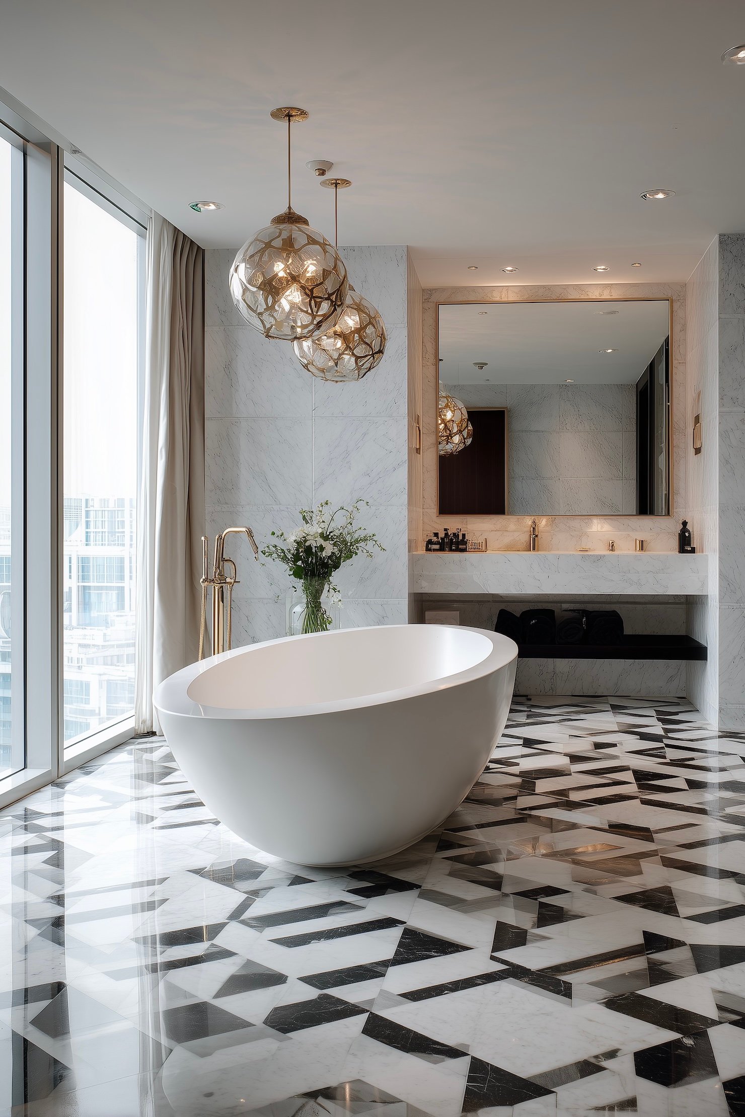 tendances couleurs sols salle de bain marbre noir blanc motif graphique