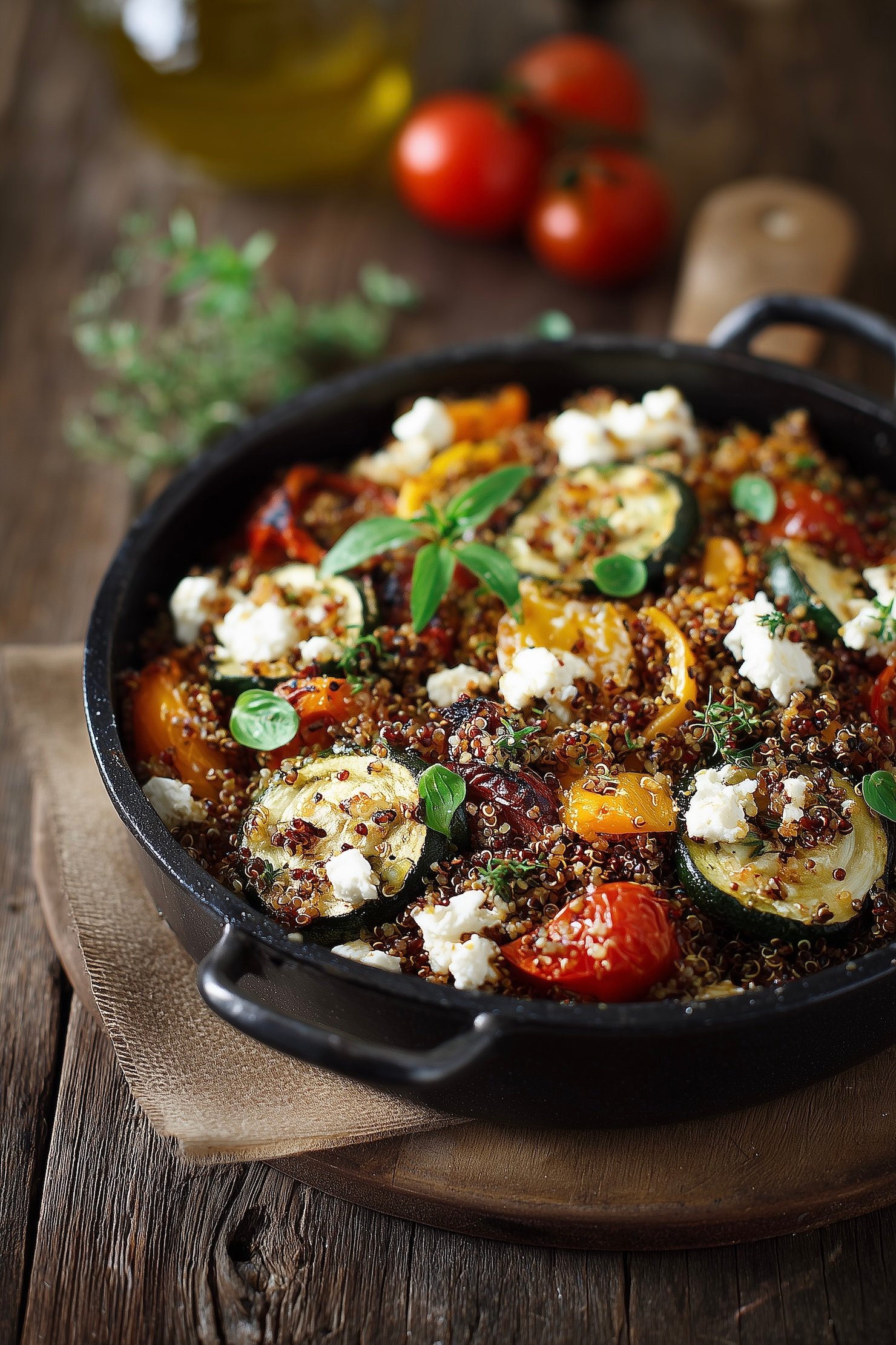 Gratin quinoa courgette poivron rotis feta