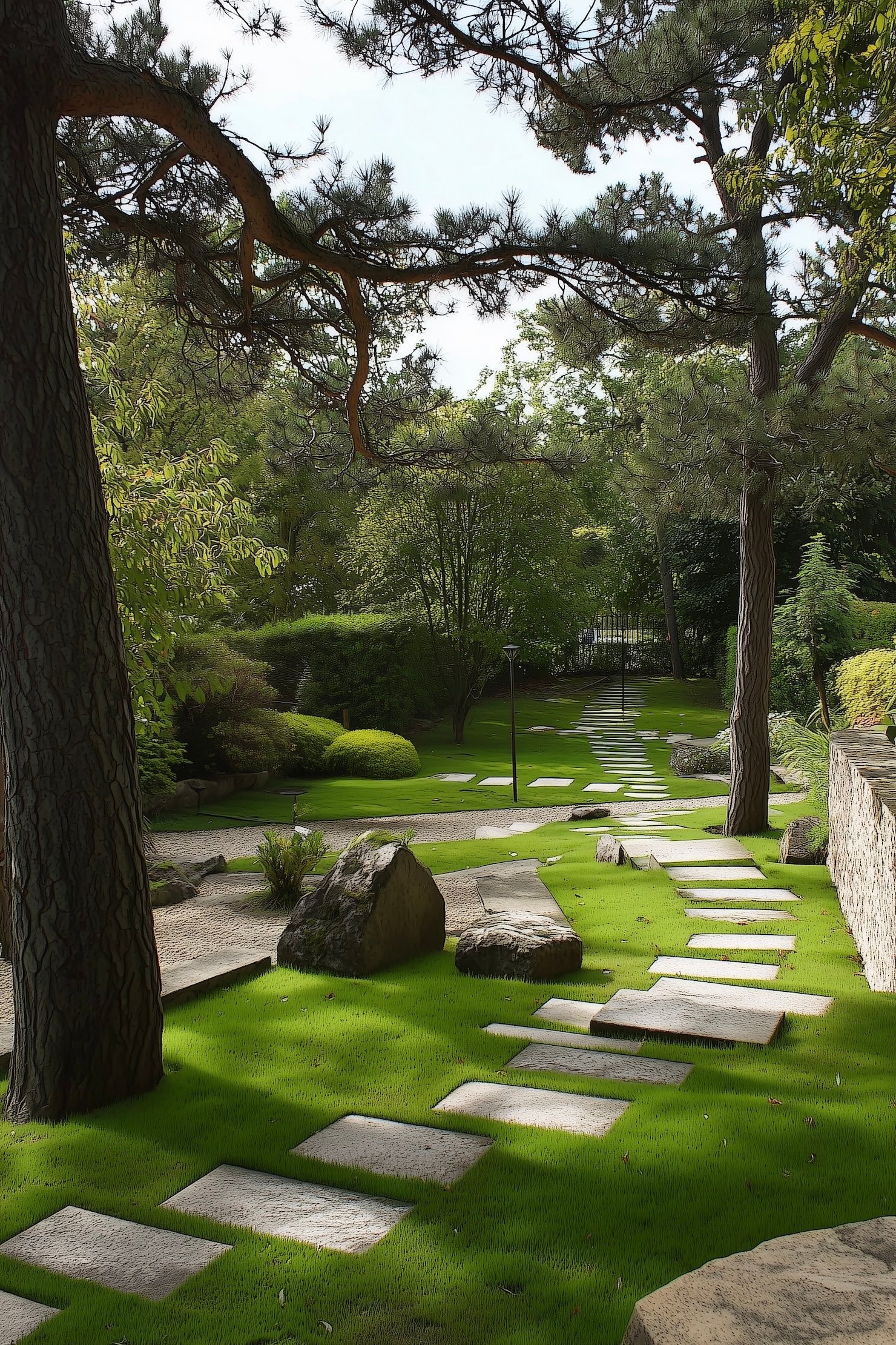 aménagement jardin pente pelouse pas japonais
