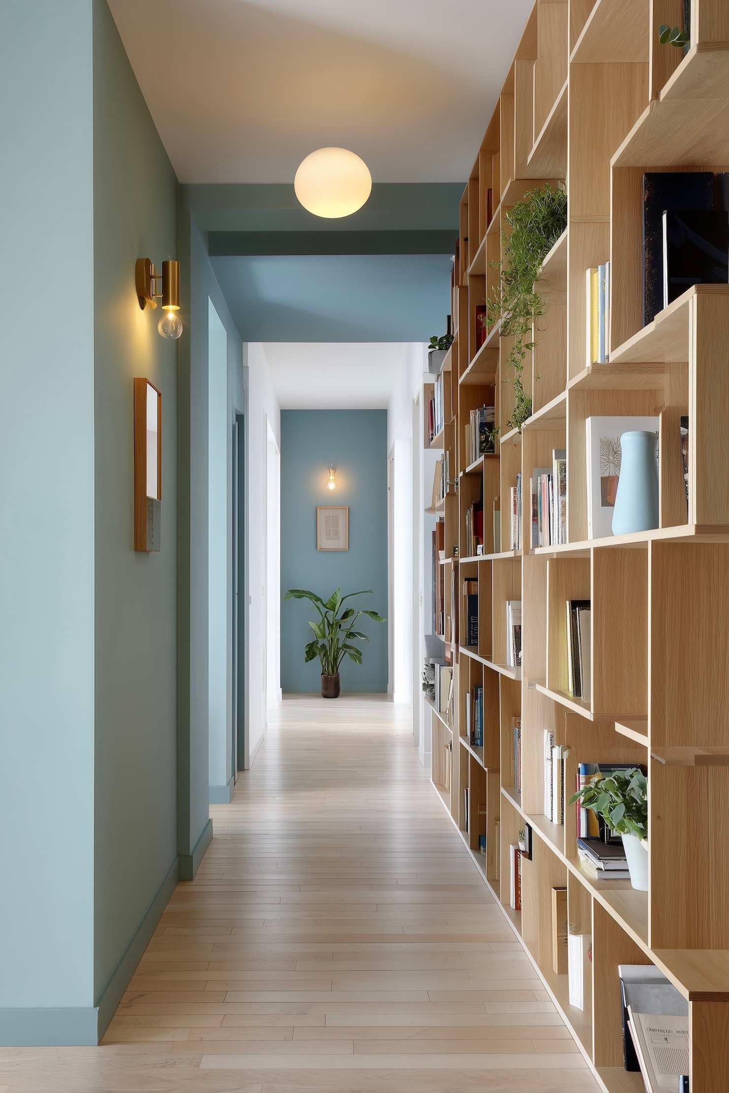 aménager couloir bibliothèque bois graphique