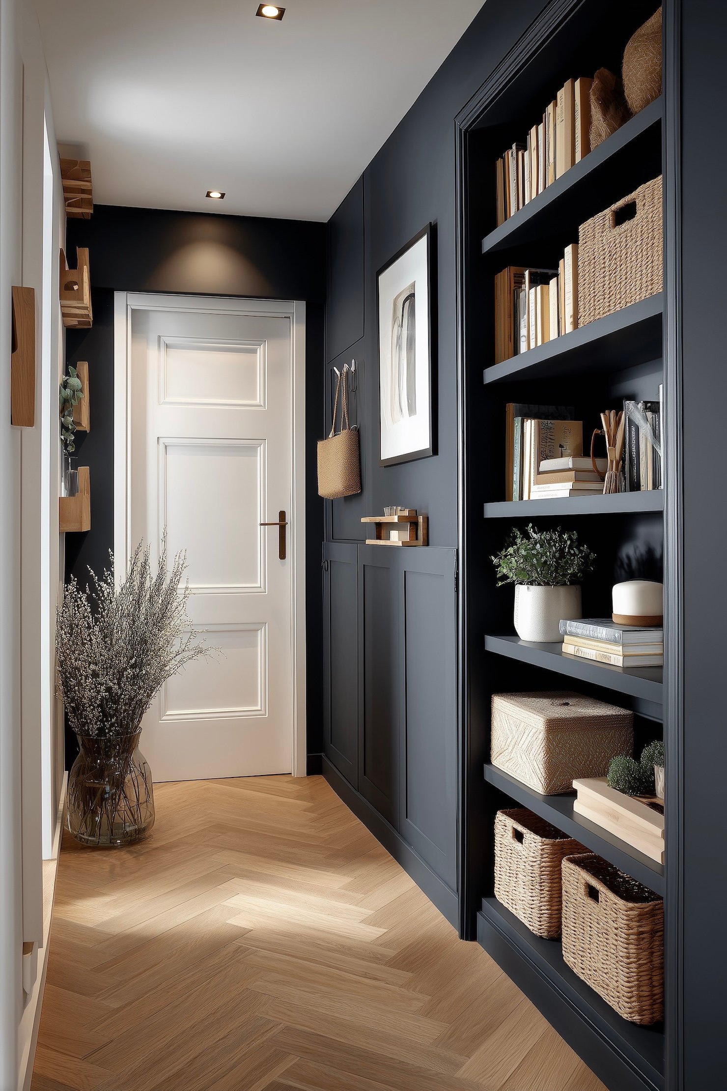aménager petite entrée bibliothèque mur noir