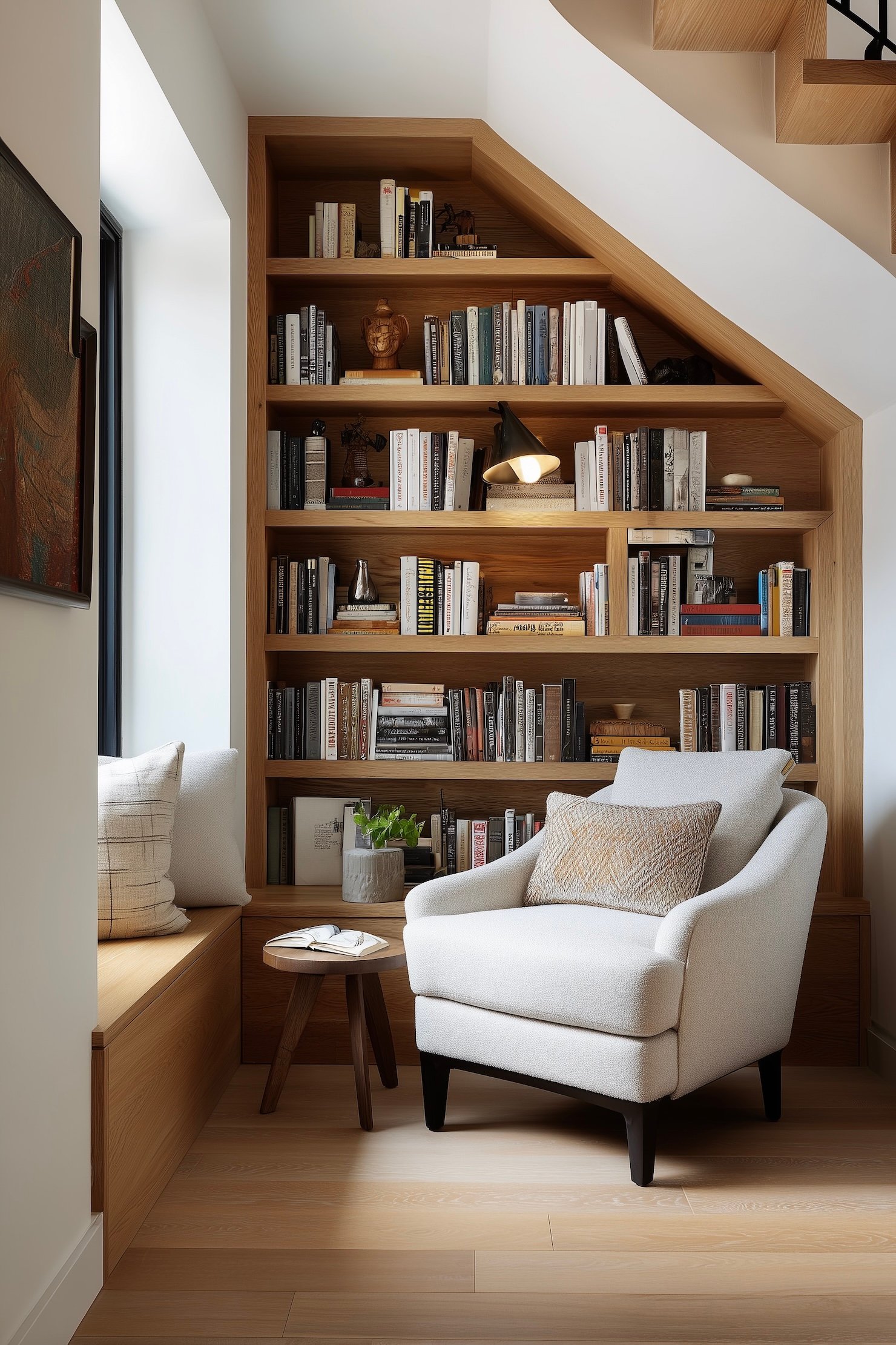 bibliothèque sous pentes escalier coin lecture