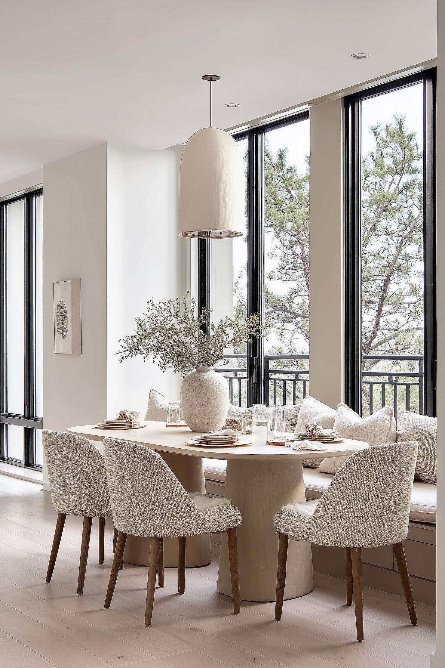 espace repas maison beige canapé banquette table ovale