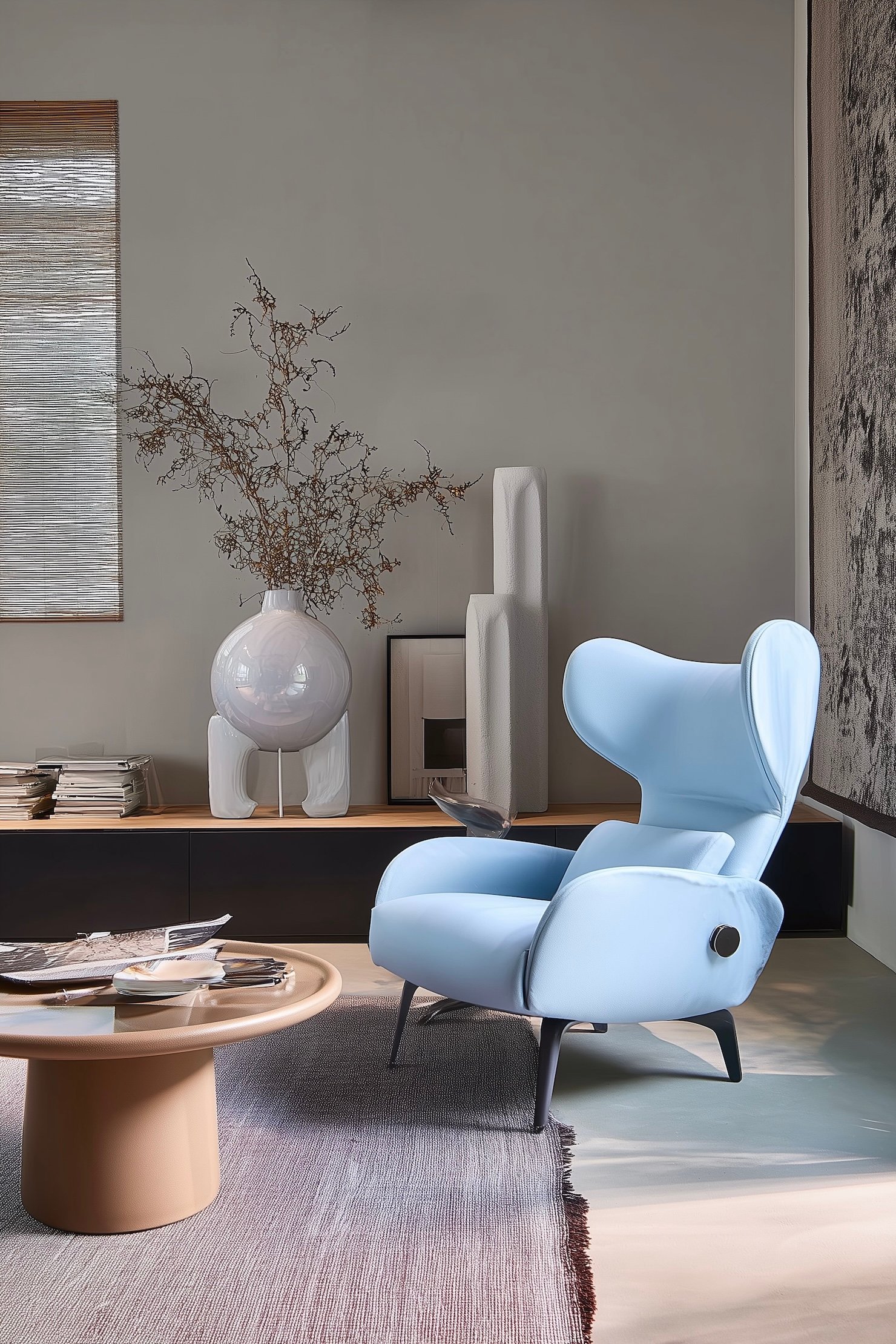 fauteuil design danois tissu bleu clair hygge