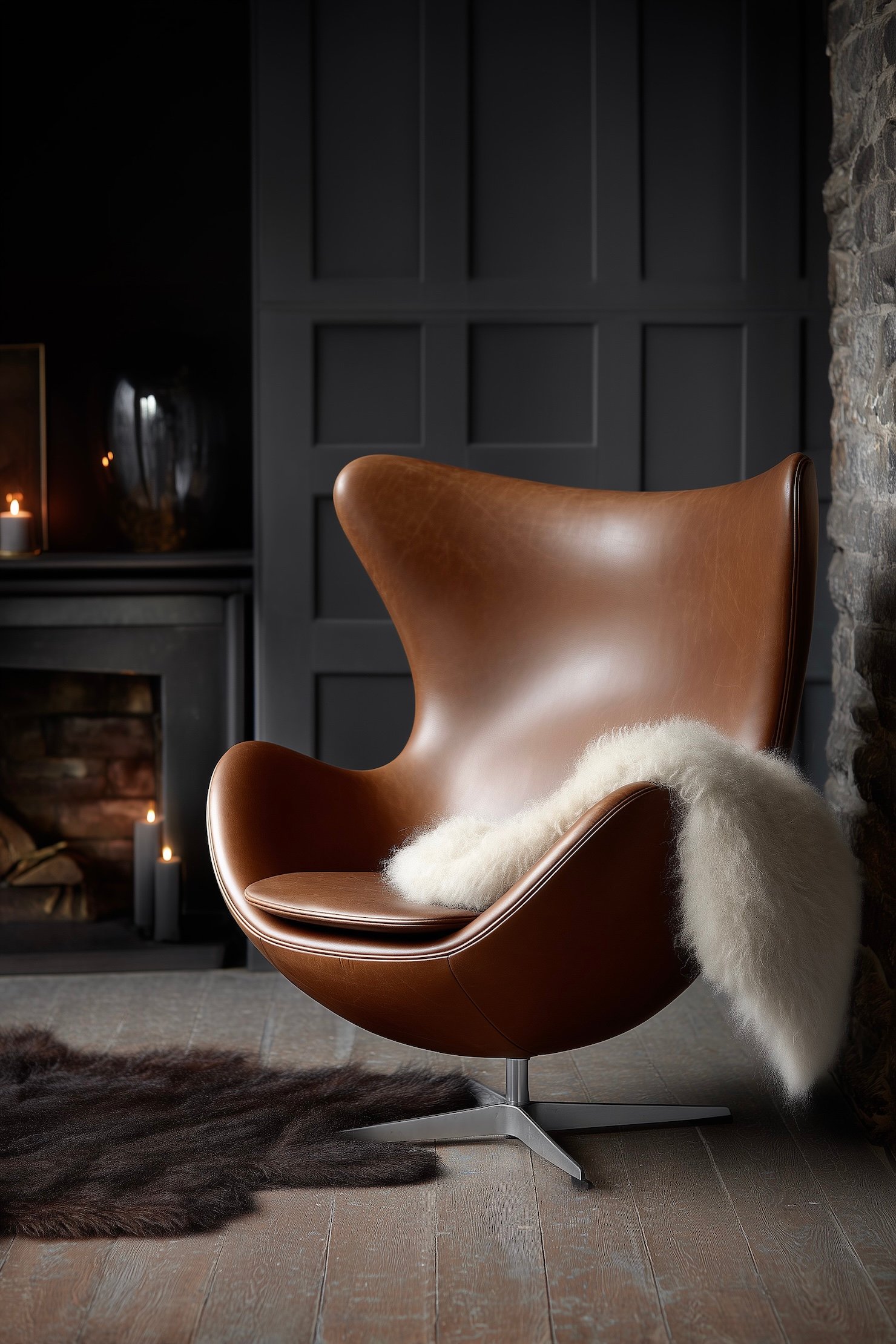 mur bois gris fauteuil Jacobsen Egg