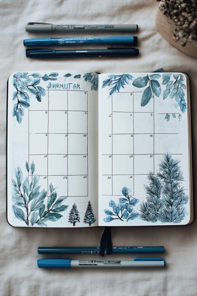calendrier bullet journal 2026 thème hiver branches sapin