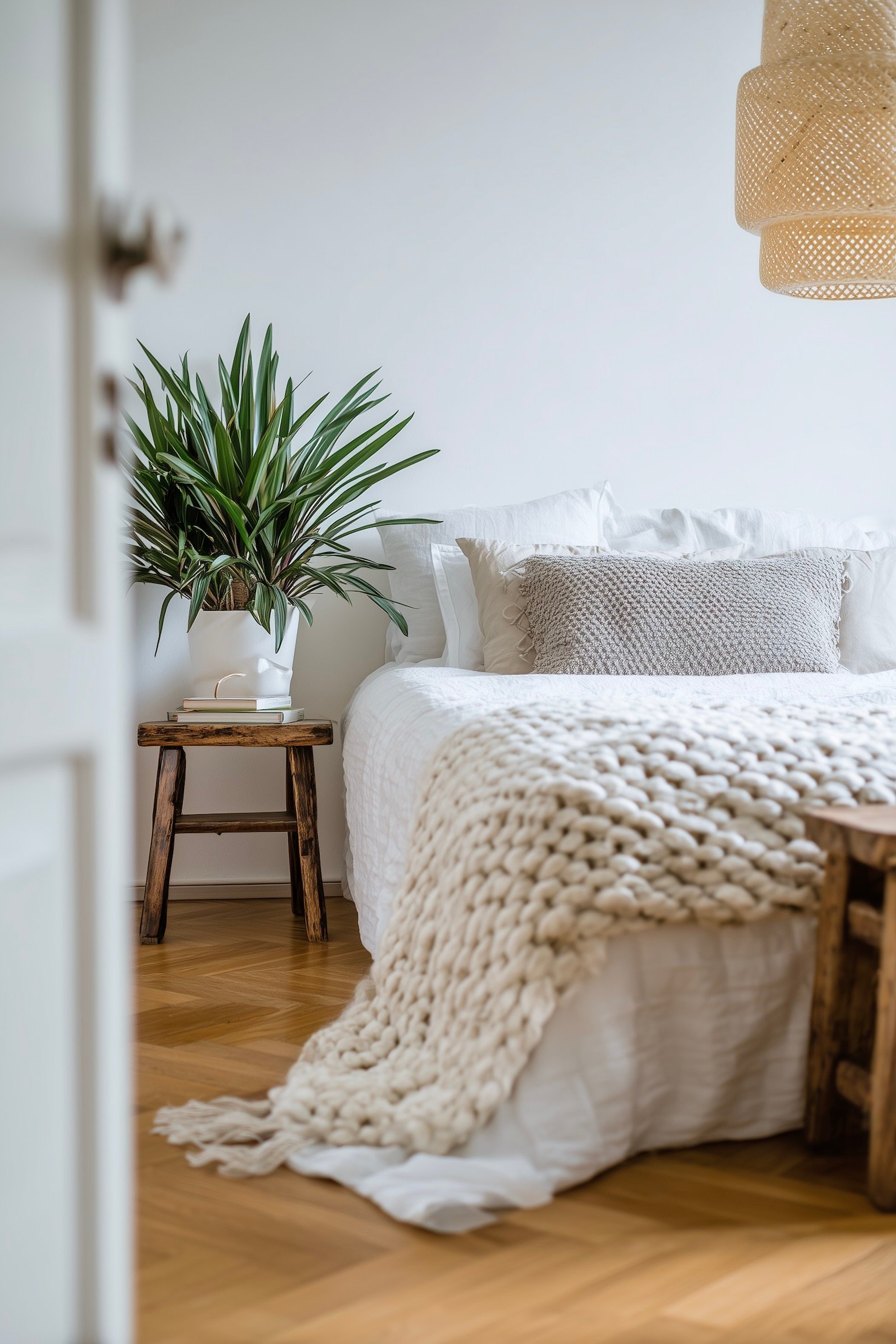 chambre déco bois blanche lin laine rotin