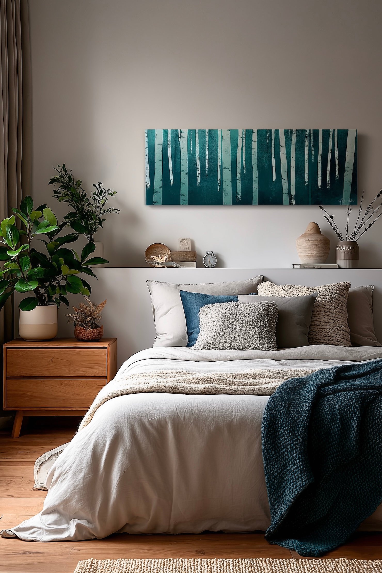 chambre japandi tons neutres détail bleu aqua