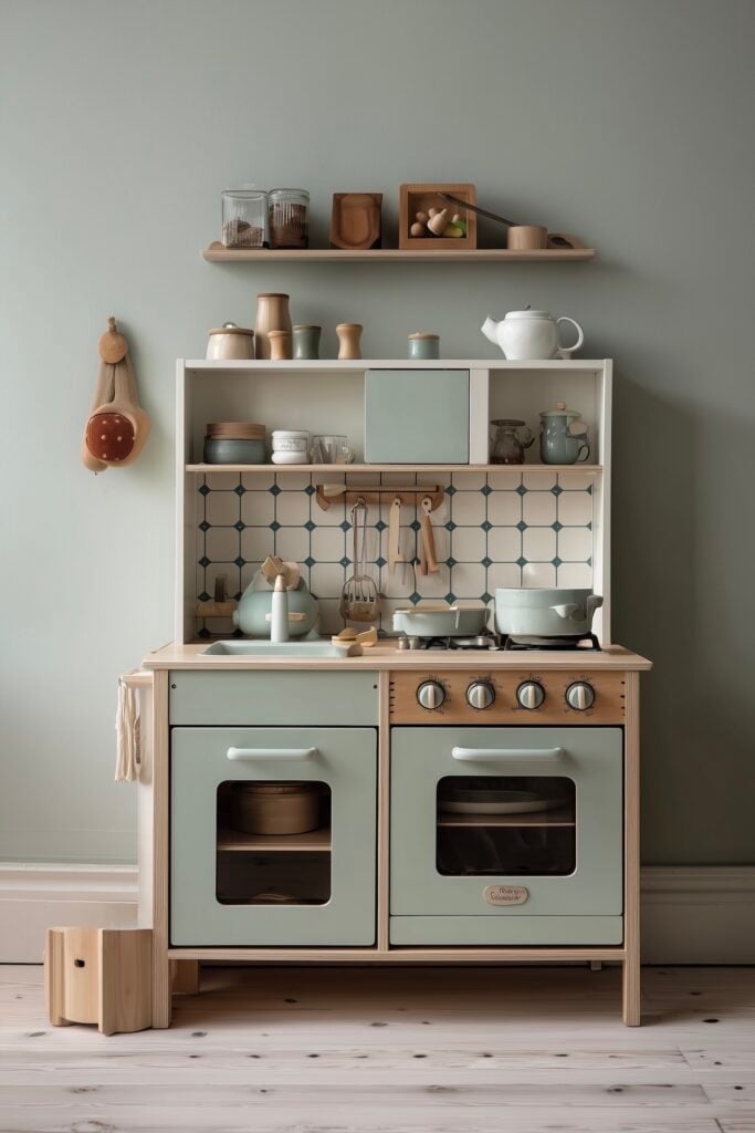 dinette mini cuisine bois vert sauge design rétro