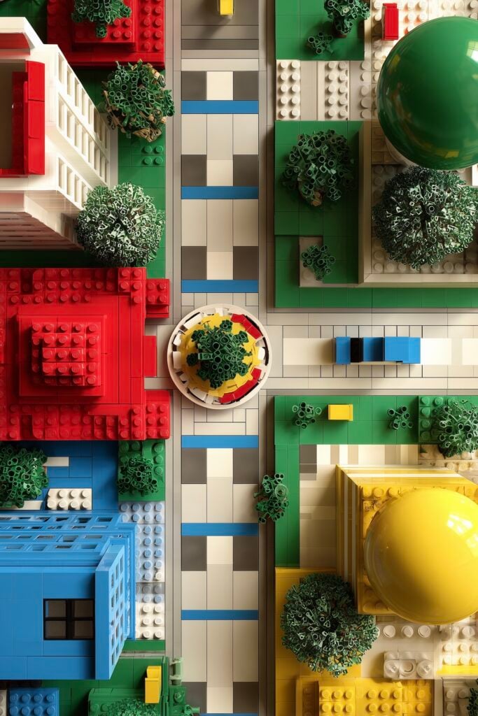 lego city bâtiment coloré flat lay