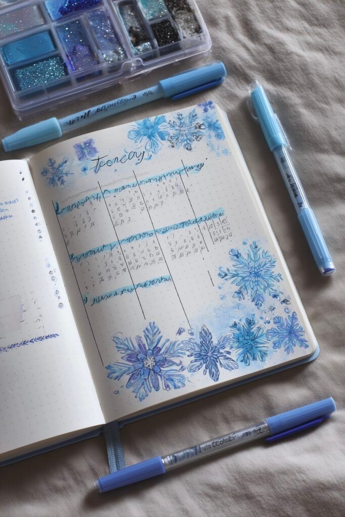 monthly log bullet journal thème cristaux de glace flocon