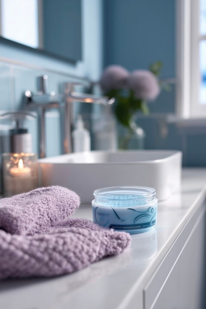 salle de bains bleu clair violet lumineuse