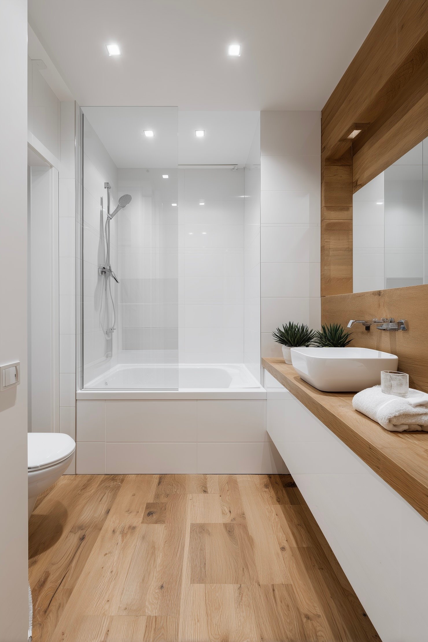 salle de bains grand carrelage blanc meuble chêne