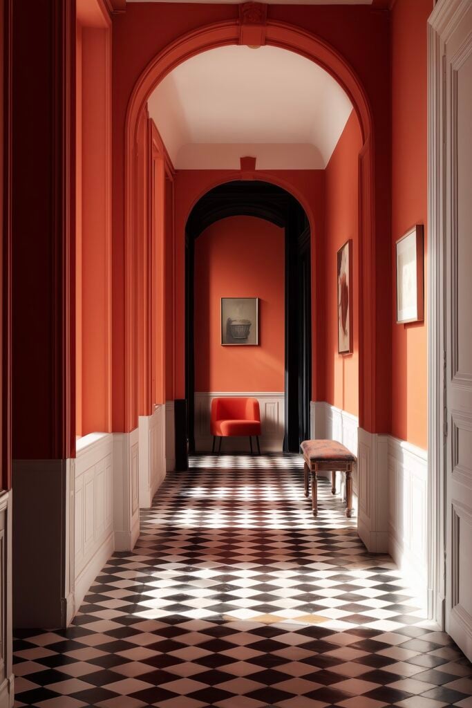 couloir orange sol damier losange noir blanc