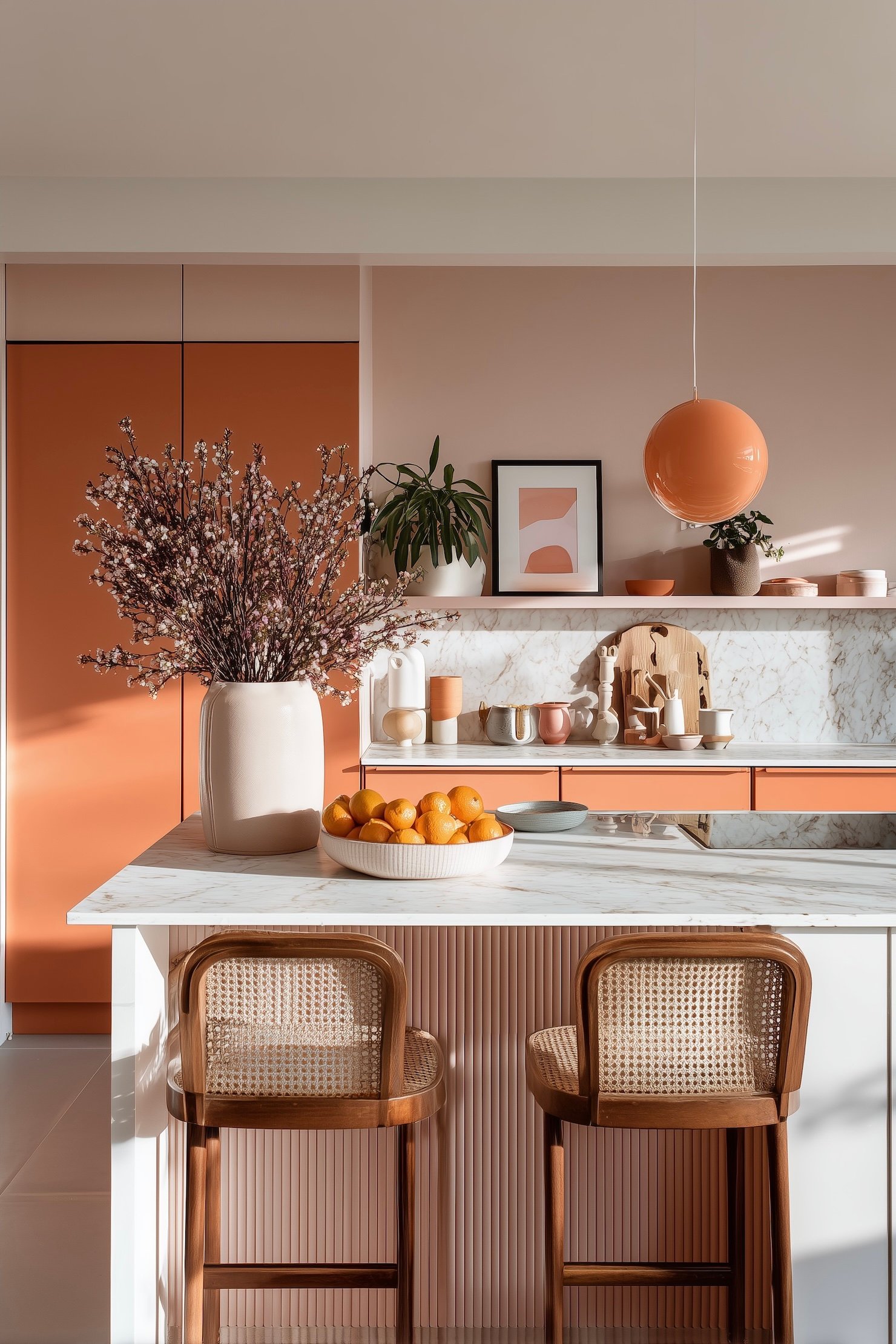 cuisine corail saumon poudré marbre blanc