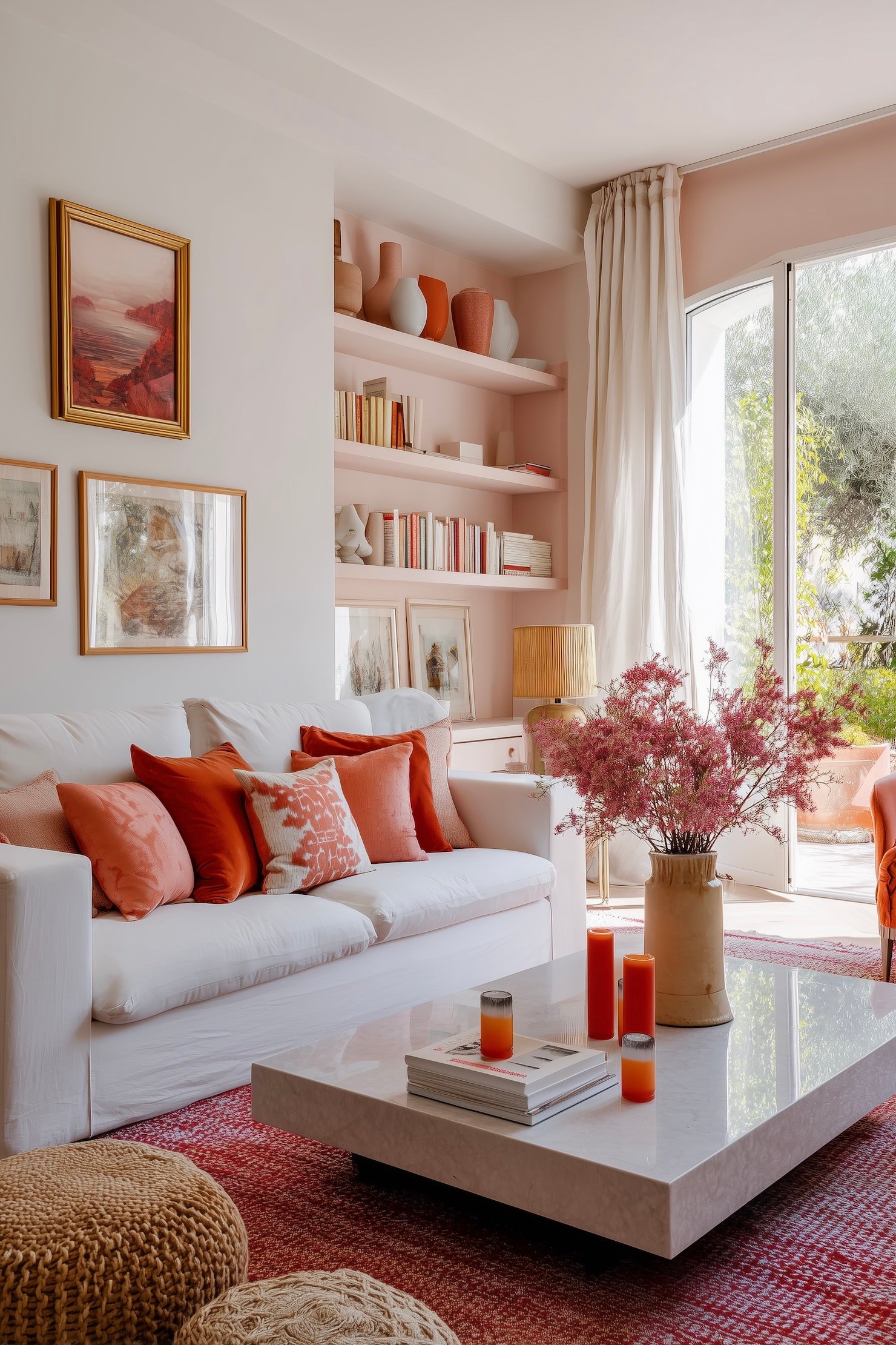 décoration salon mur rose coussin orange