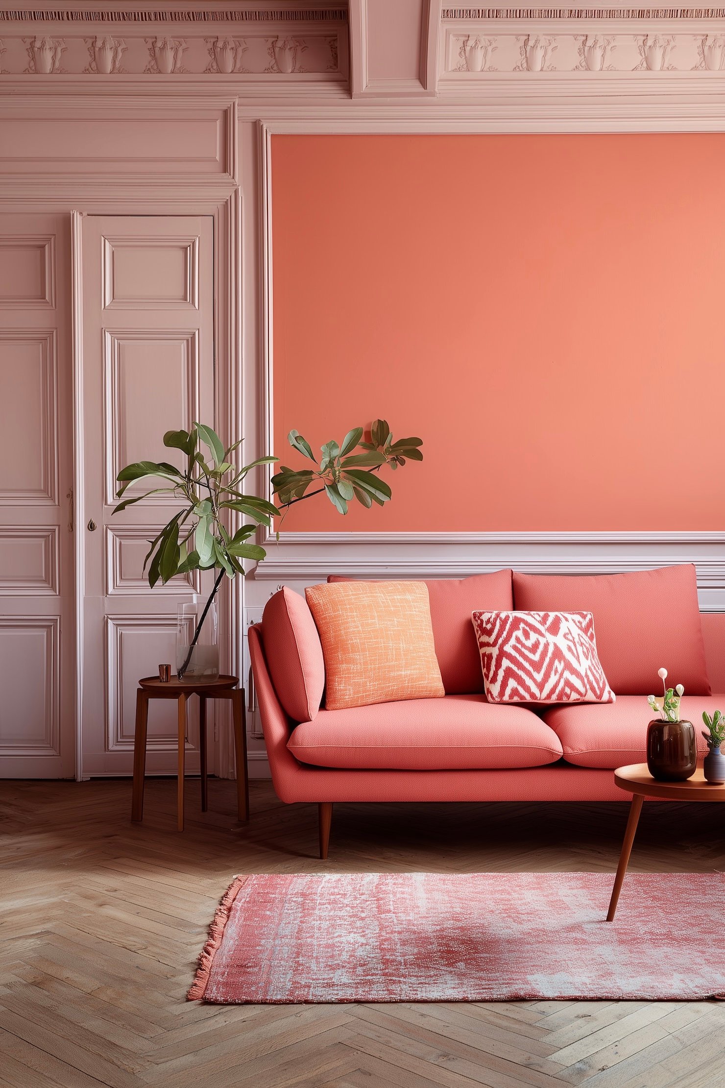 décoration salon rose orange mur coloré