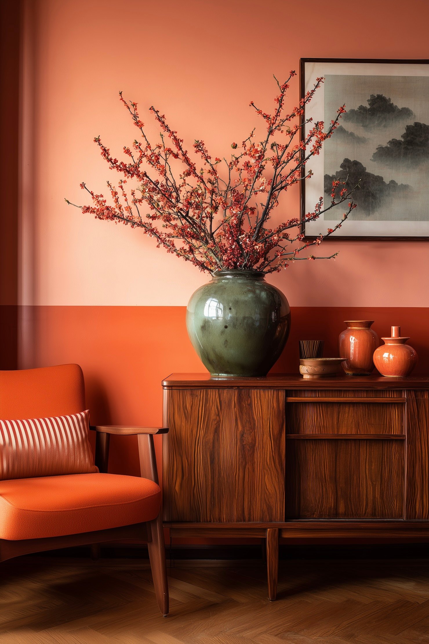 mur bicolore soubassement camaieux rouge corail