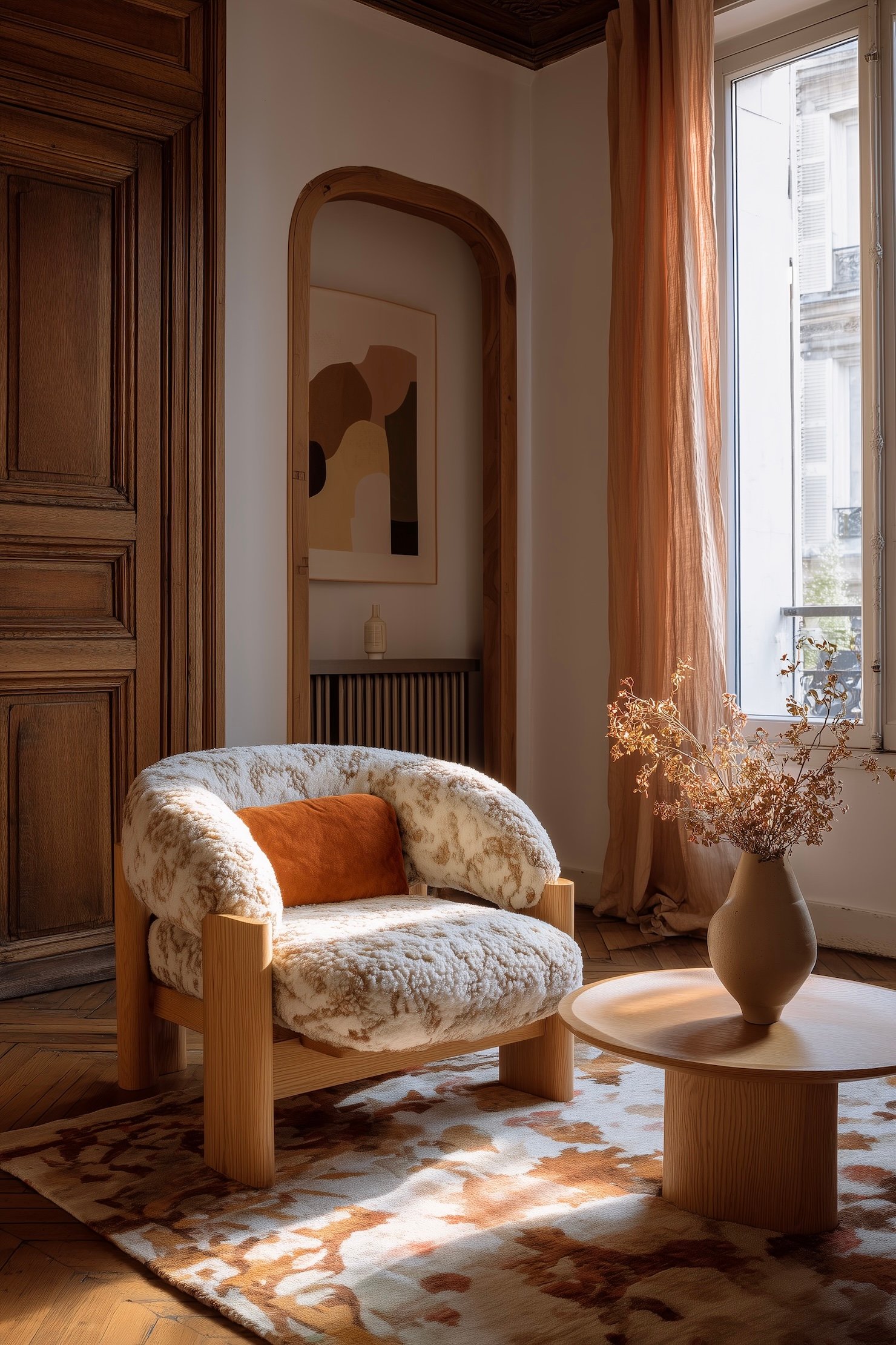 salon boiserie rideaux rose orangé