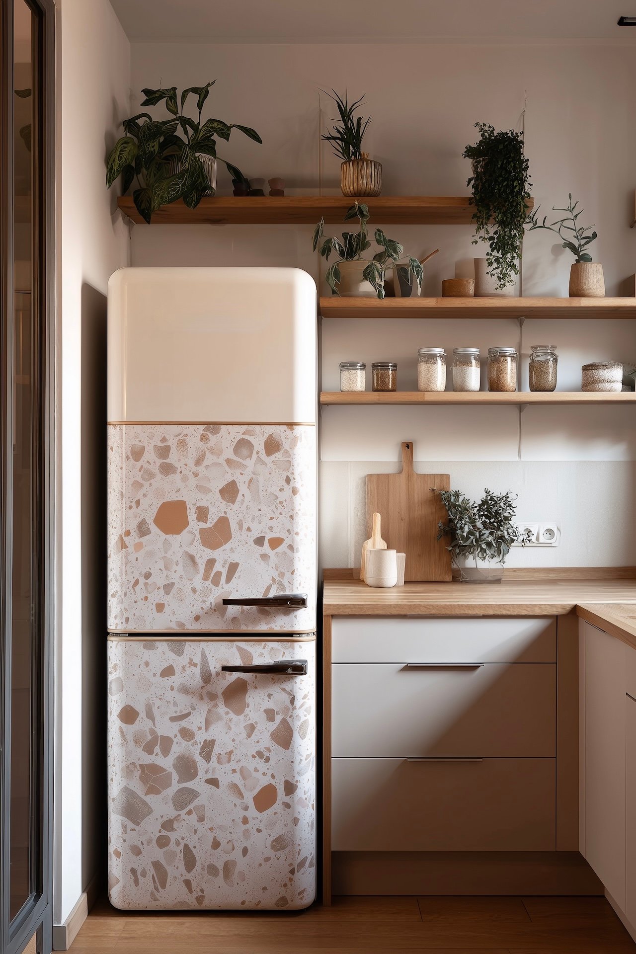 sticker mural sol façade effet terrazzo beige