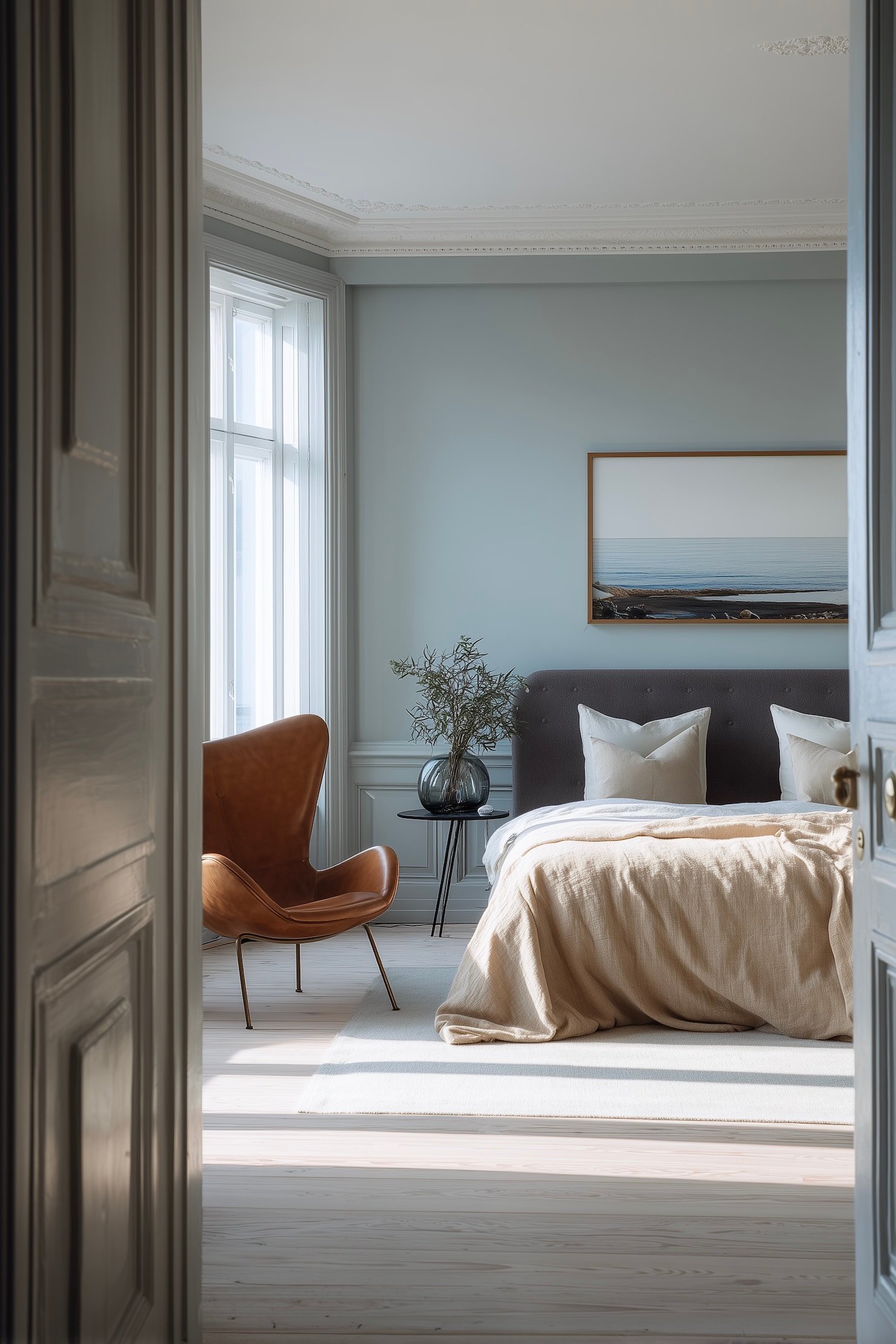 chambre moulures mur bleu clair fauteuil danois cuir Vitra