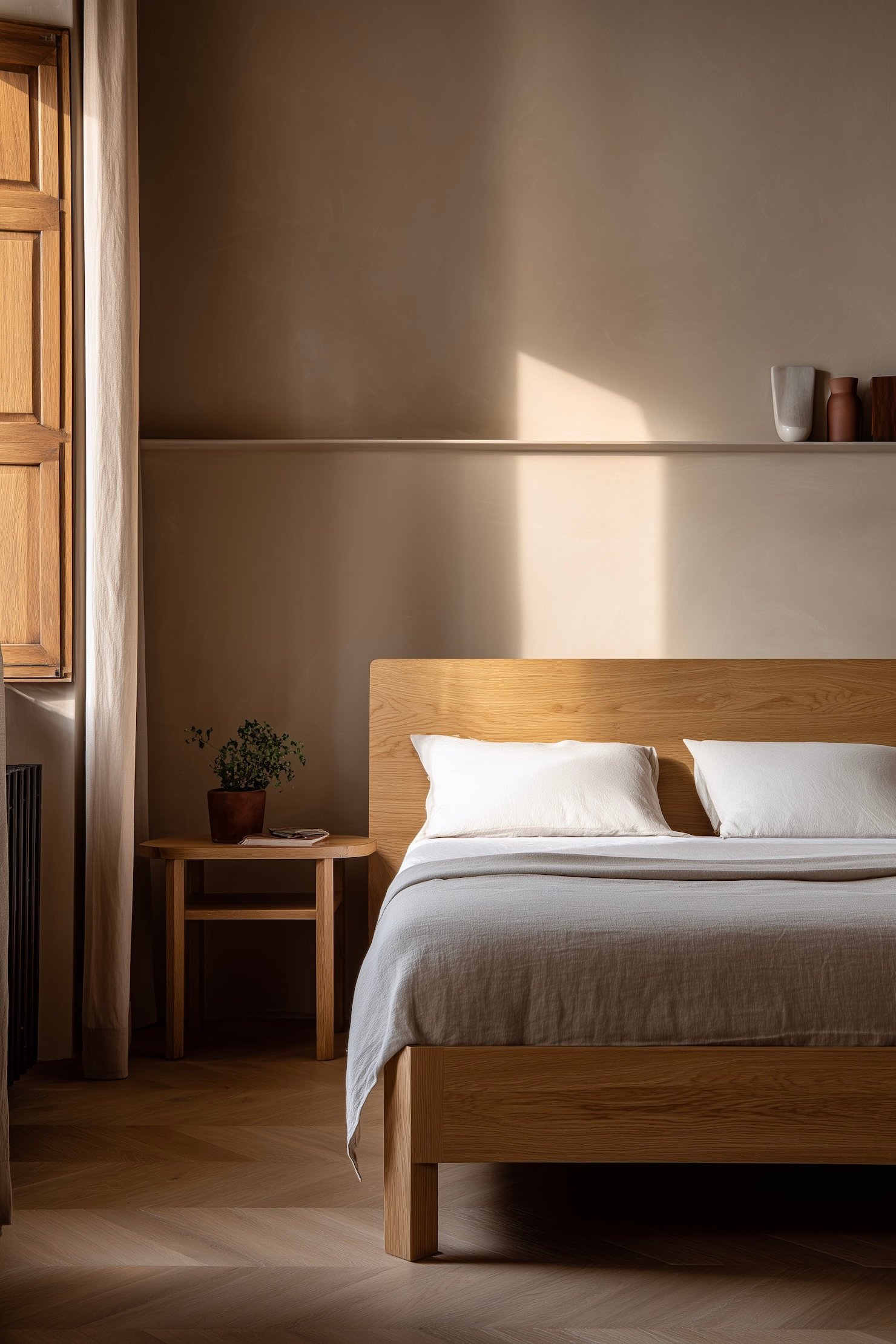 lit bois massif chambre naturelle mur beige