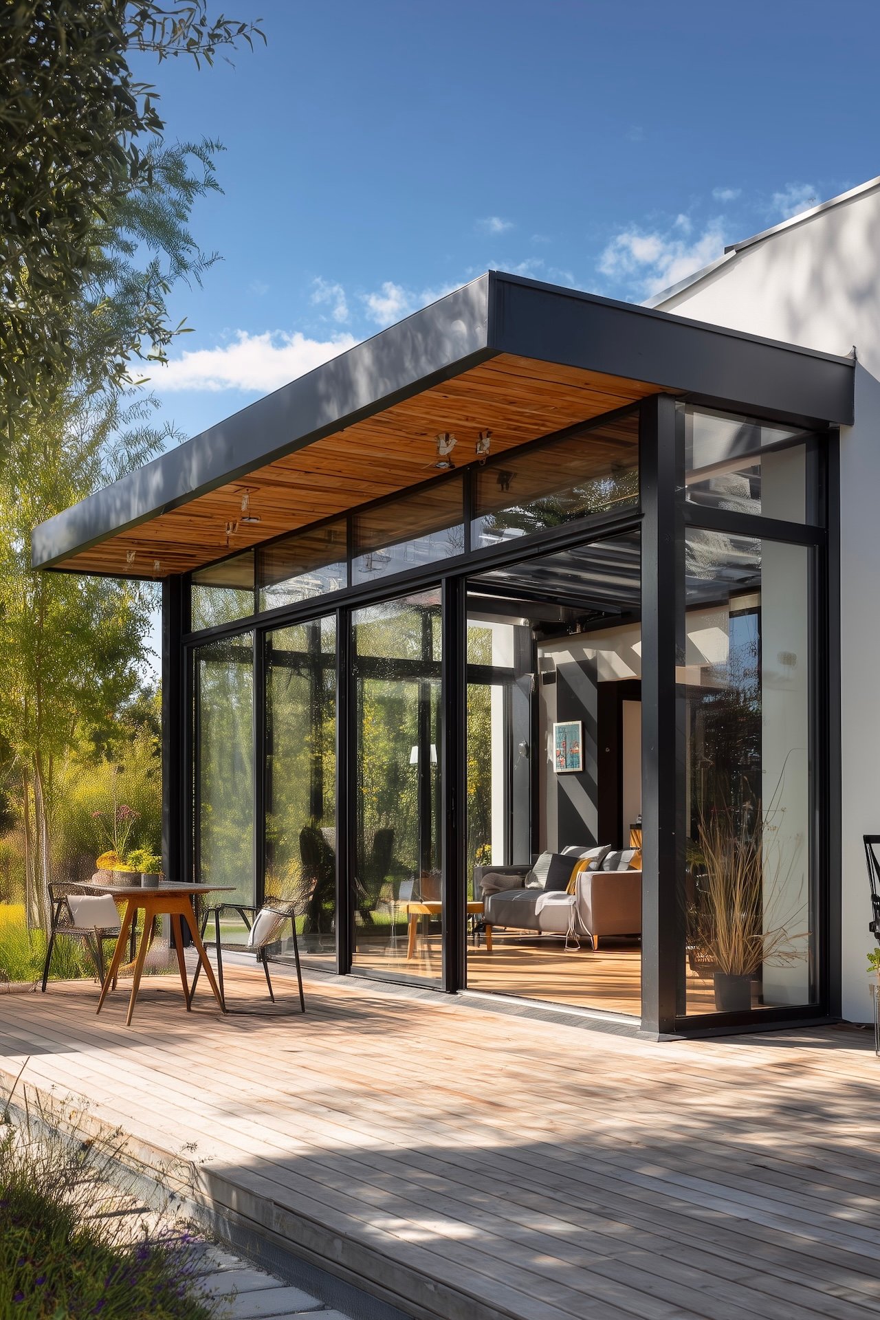 maison moderne terrasse avec avancée verre atelier