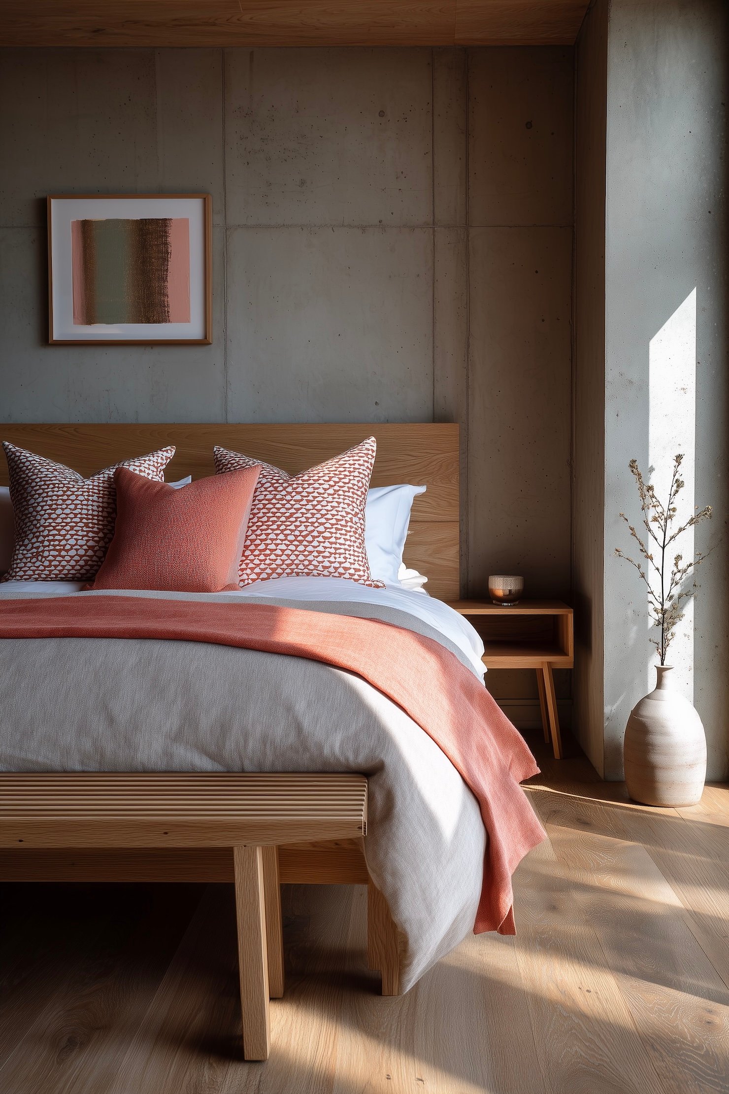 mur béton lit bois massif chêne drap rose