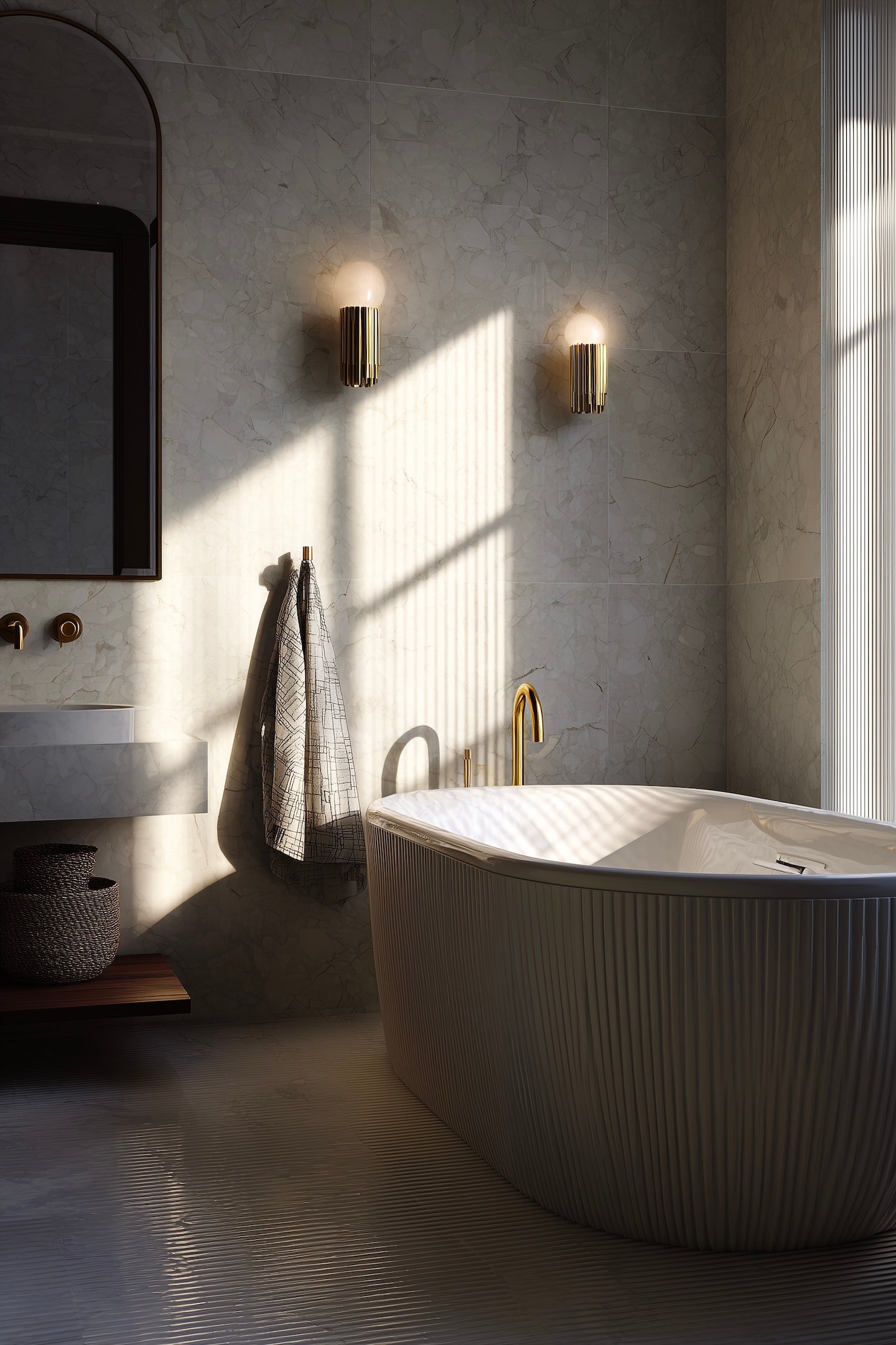 salle de bain grise clair baignoire ilot relief