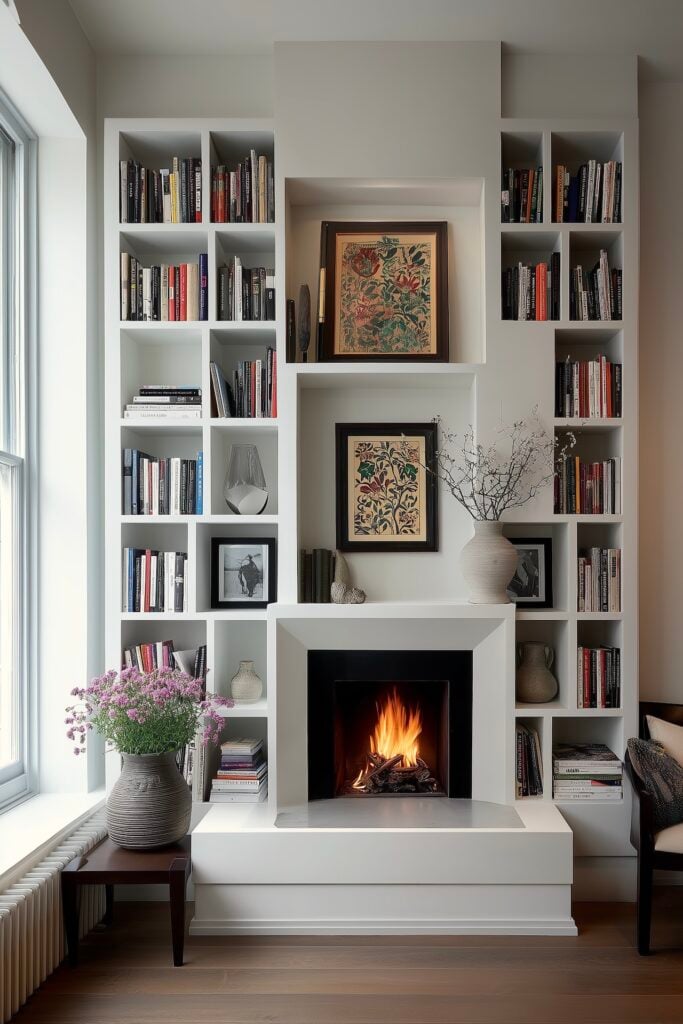 bibliothèque encastrée autour cheminée agencement original