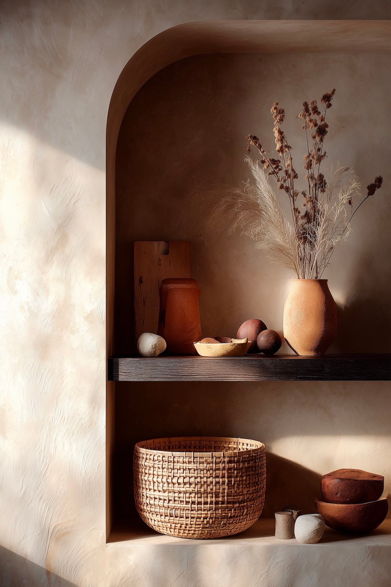 étagère déco naturelle terracotta panier osier style minimaliste