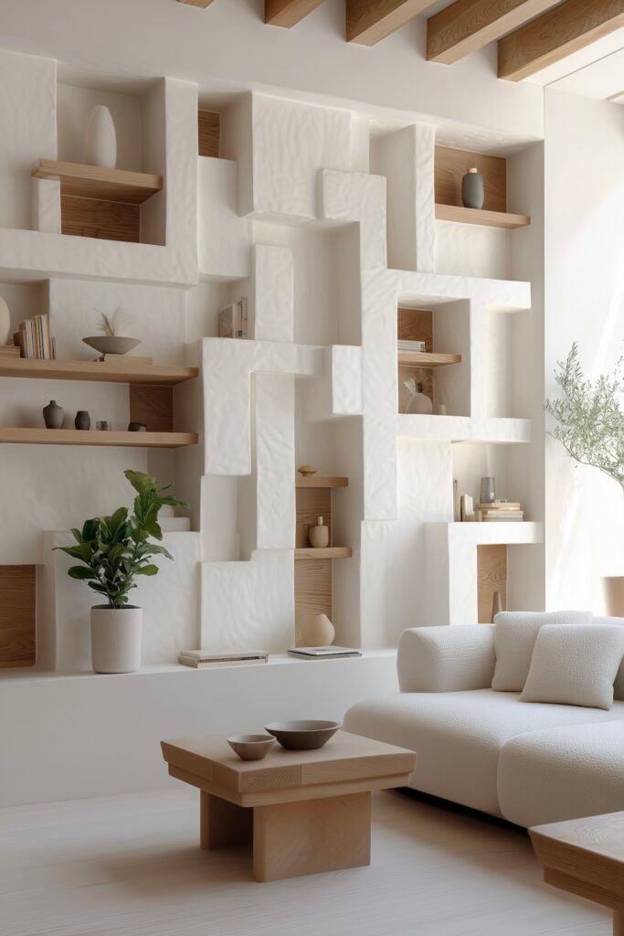 niche murale en plâtre diy salon blanc bois