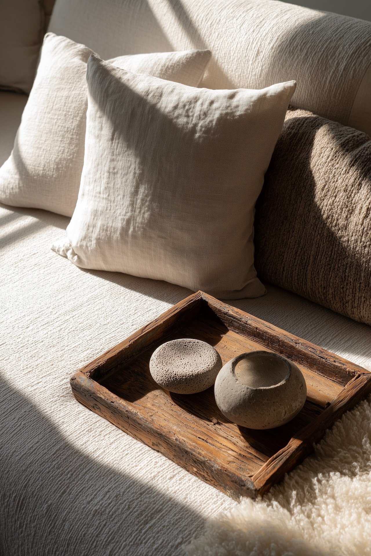 plateau bois coussins lin salon