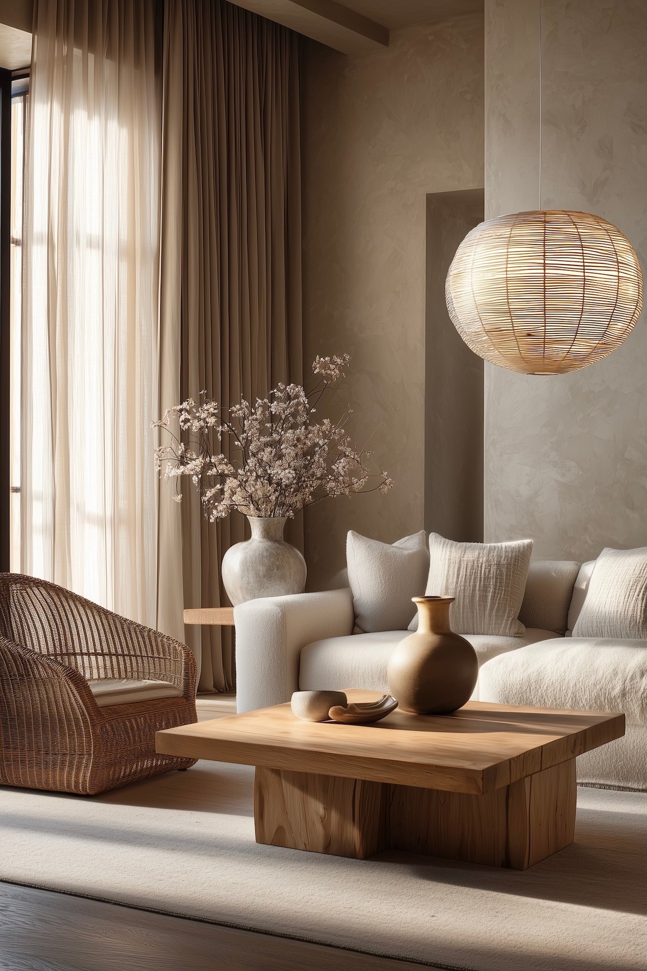 salon chaleureux matériaux naturels mobilier intérieur