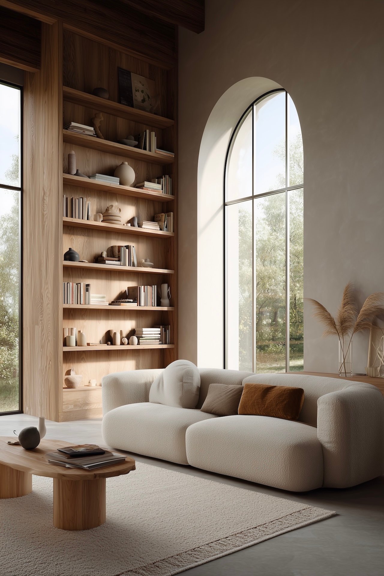 salon matériaux naturels mobilier intérieur lumineux