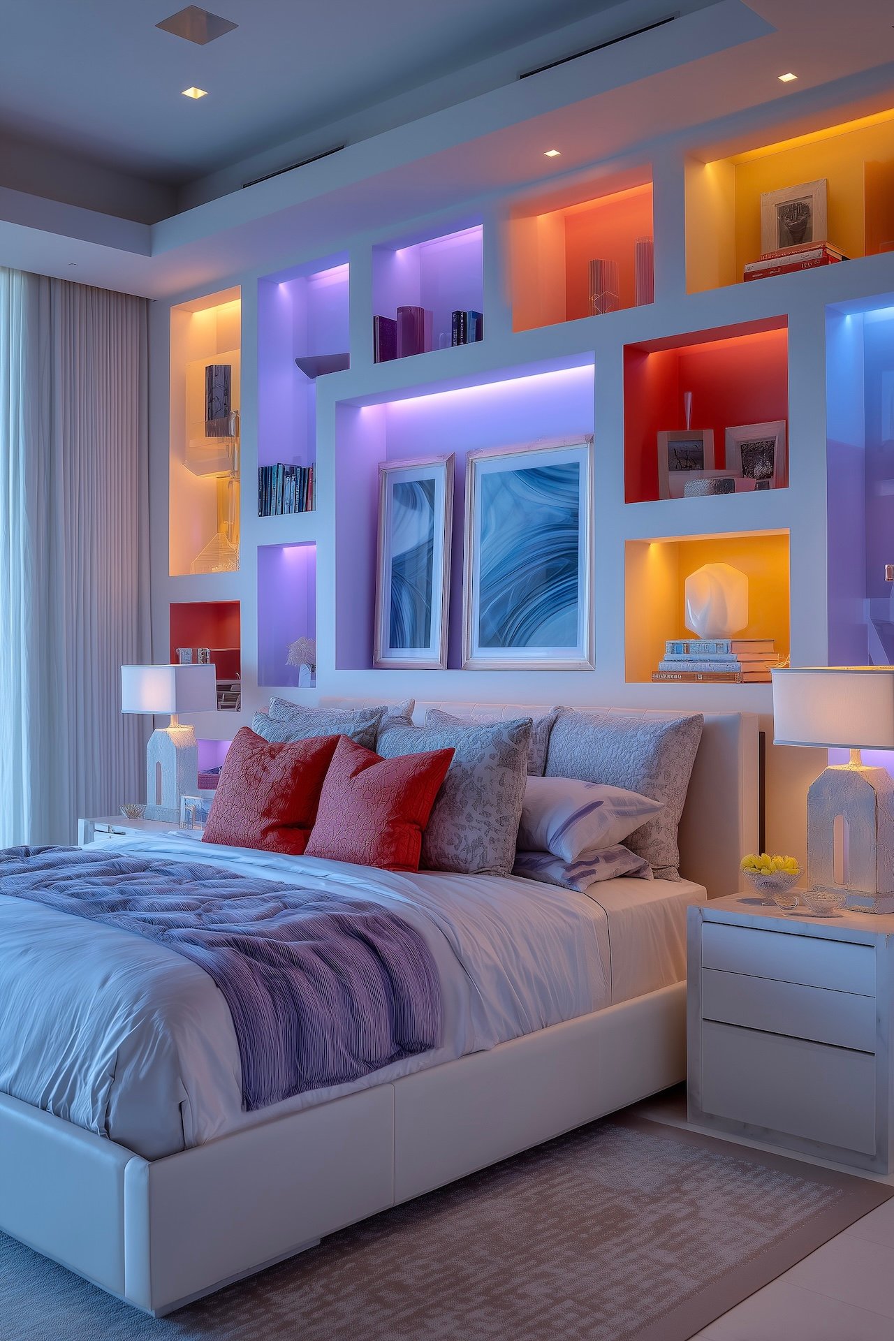 Chambre 80s architecturale avec niches rétro éclairées