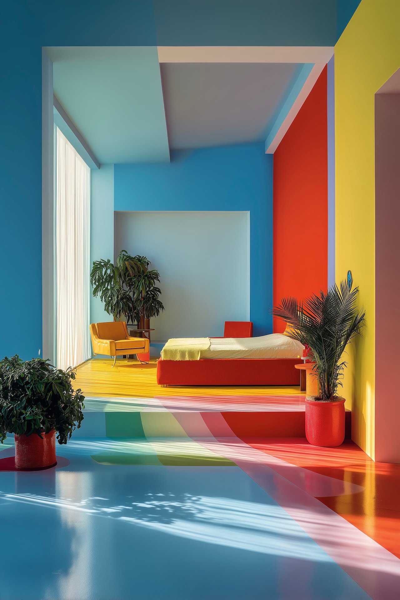 Chambre Memphis architecturale colorée mur bicolore