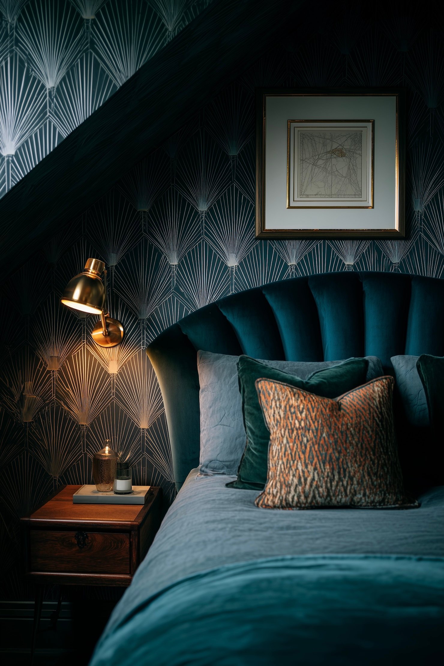 aménager petite chambre sous toits bleue